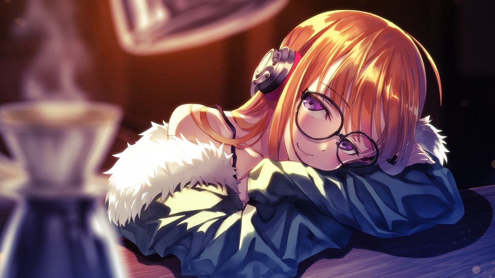 headphones, anime girls, blonde, 720P, glasses, Persona 5, anime, purple eyes, long hair, Sakura Futaba, HD Wallpaper