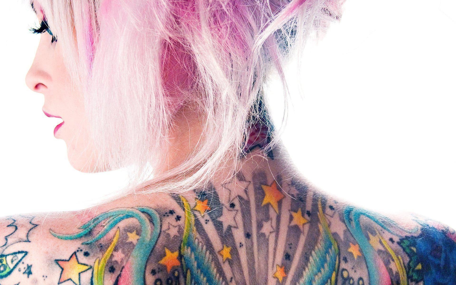 1920x1200, piece, hair, s, girls, back, woman, tattoos, pink, 1080P, tattoo, colorful, HD Wallpaper