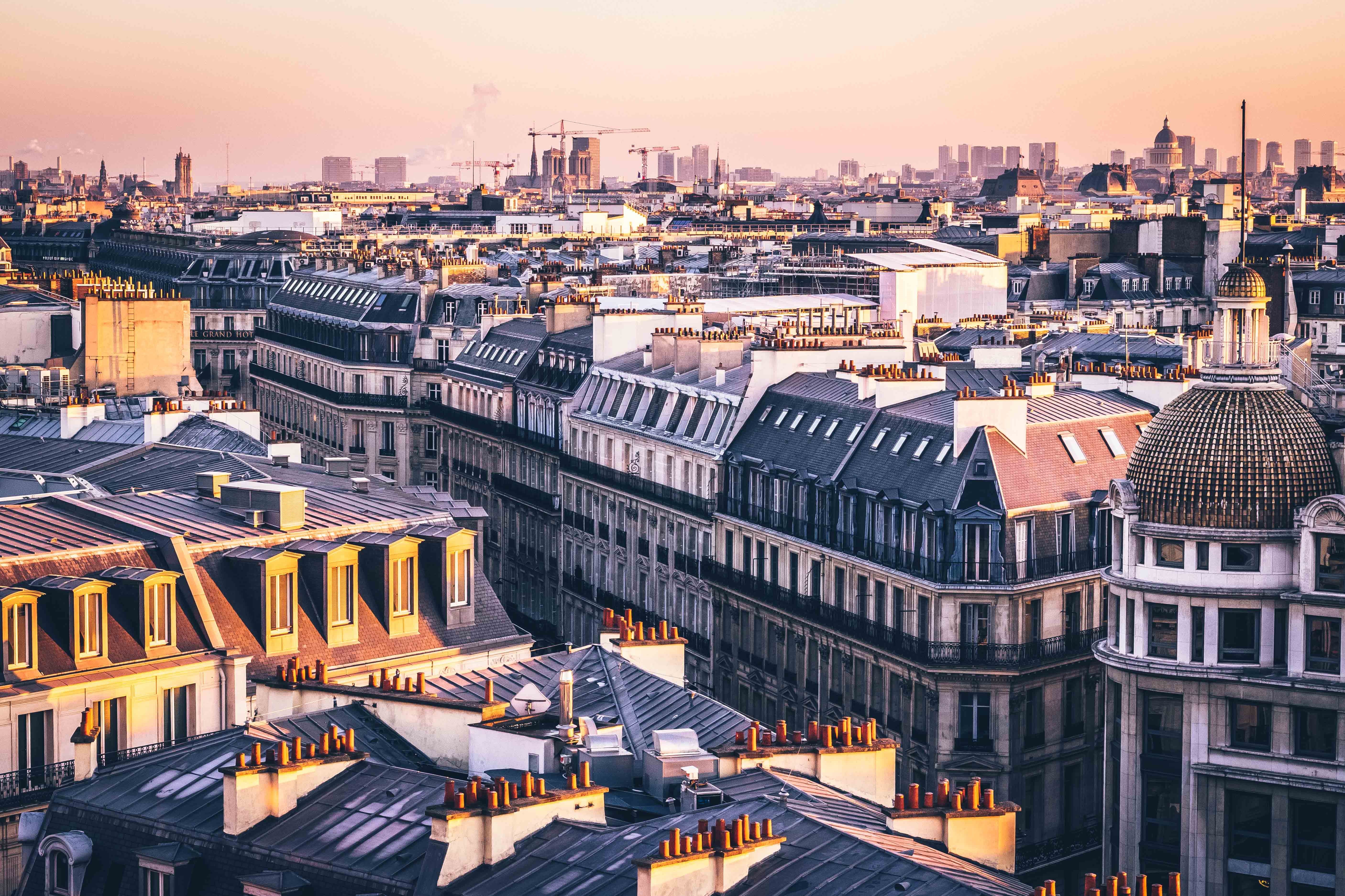 architecture, rooftops, parisian architecture, travel destinations, printemps haussmann, nature, paris, view, roof, dusk, 5K, roofs, building exterior, HD Wallpaper