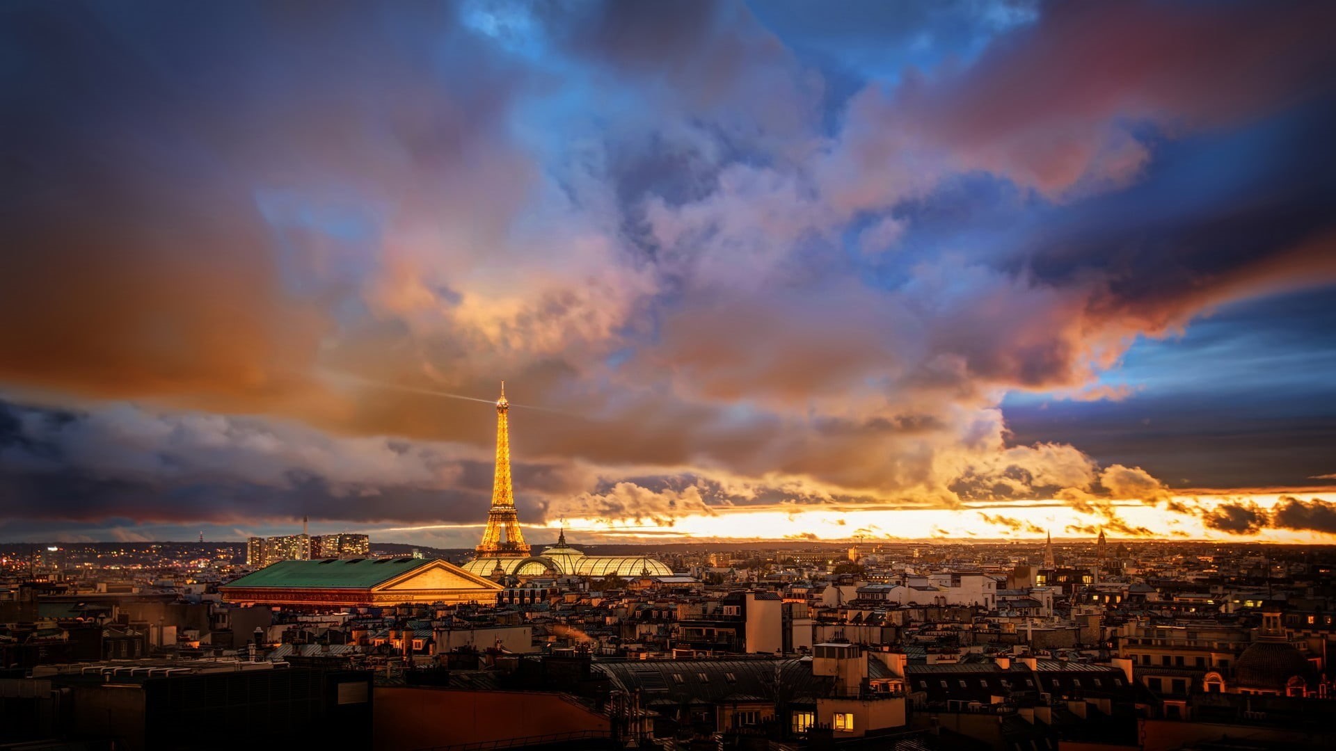 building exterior, outdoors, illuminated, sunset, 1080P, industry, Paris, nature, tower, pollution, travel destinations, skyscraper, built structure, cloud - sky, HD Wallpaper