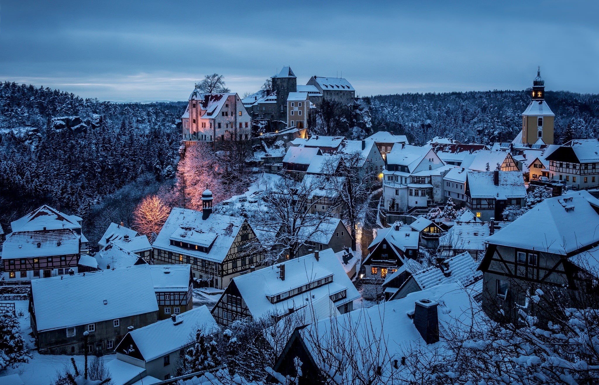 building, architecture, house, high angle view, winter, lights, covering, townscape, 1080P, plant, white, brown, city, rooftops, castle, sky, snow, residential district, HD Wallpaper
