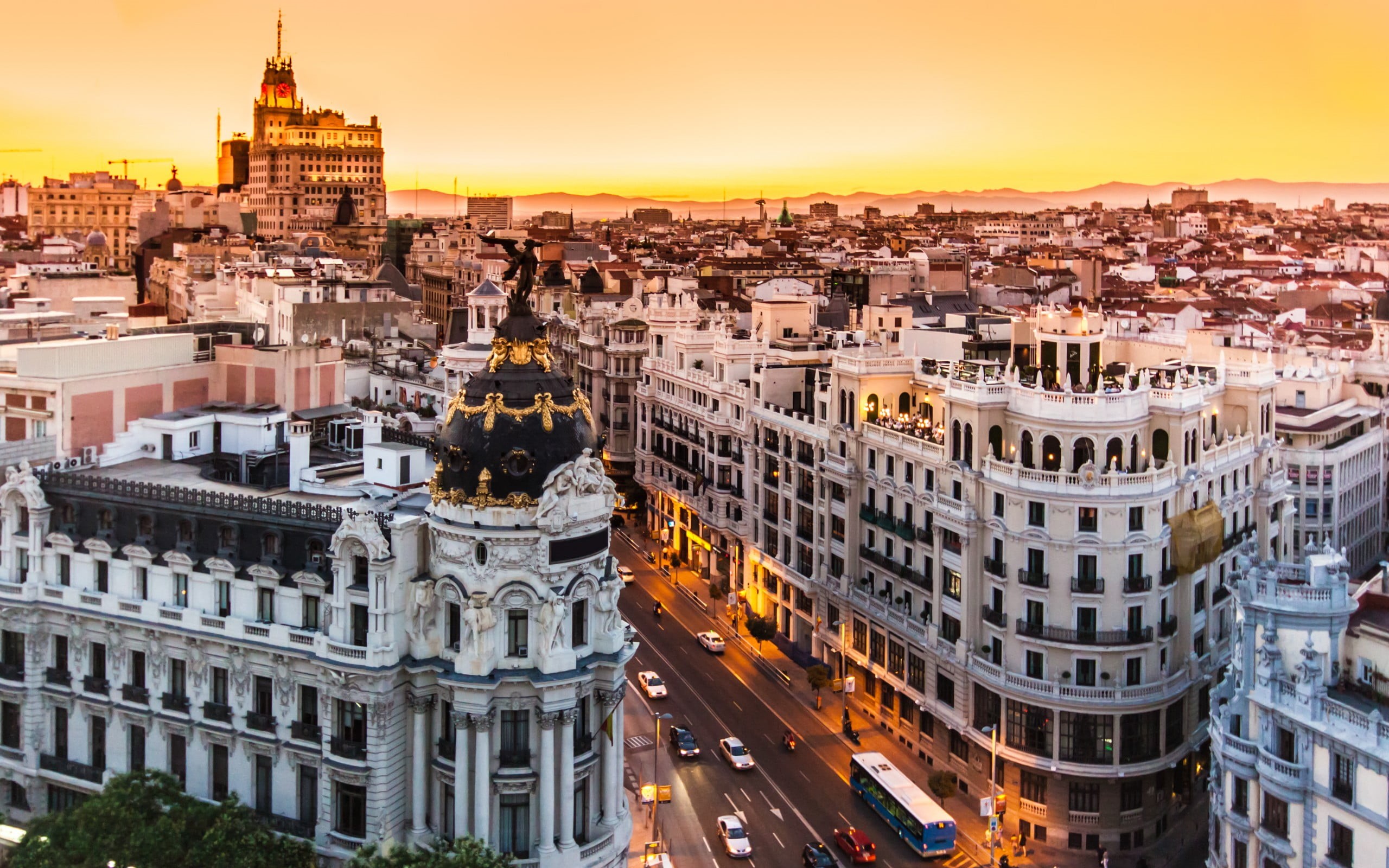 dusk, illuminated, building, nature, travel destinations, sunset, built structure, building exterior, white, sky, street, city, Spain, transportation, city life, HD Wallpaper