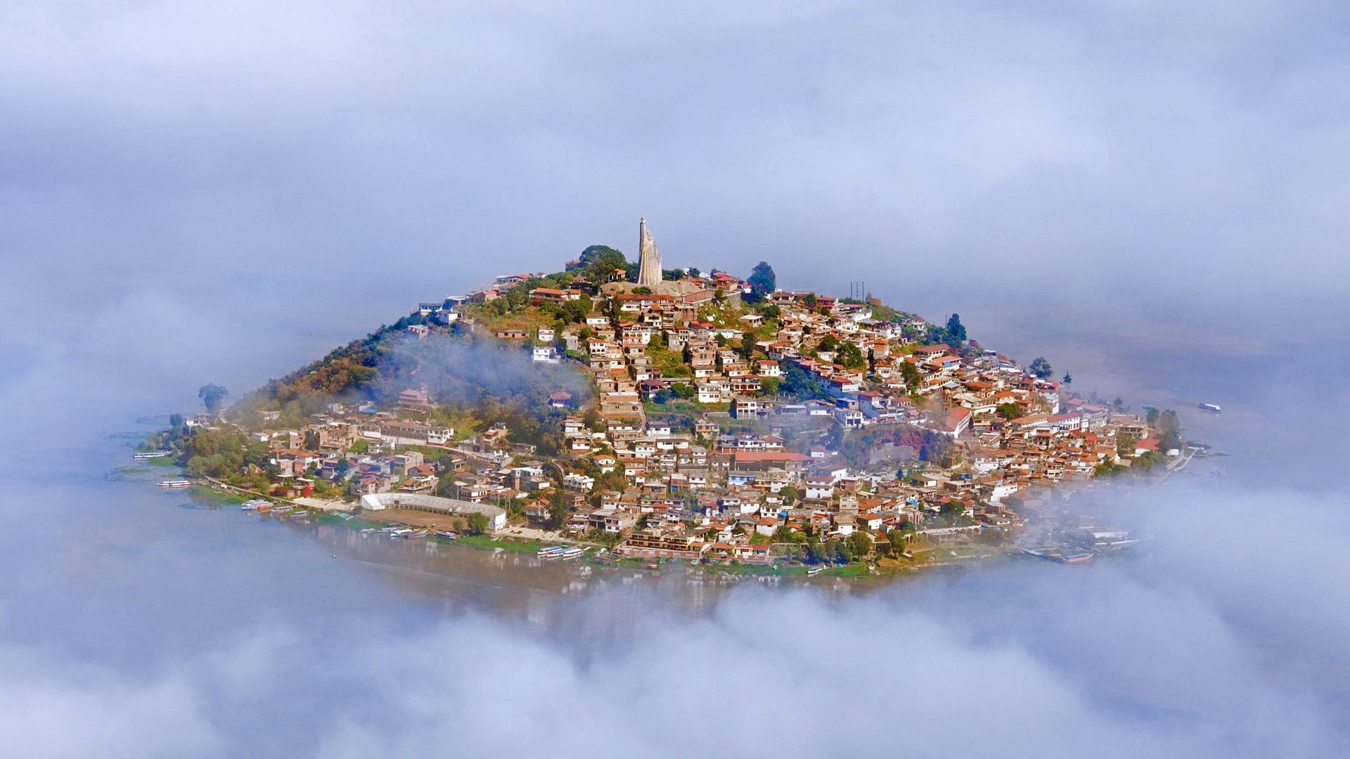 illuminated, cityscape, village, no people, ship, travel destinations, trees, water, mist, business, building exterior, reflection, hills, statue, digital composite, HD Wallpaper