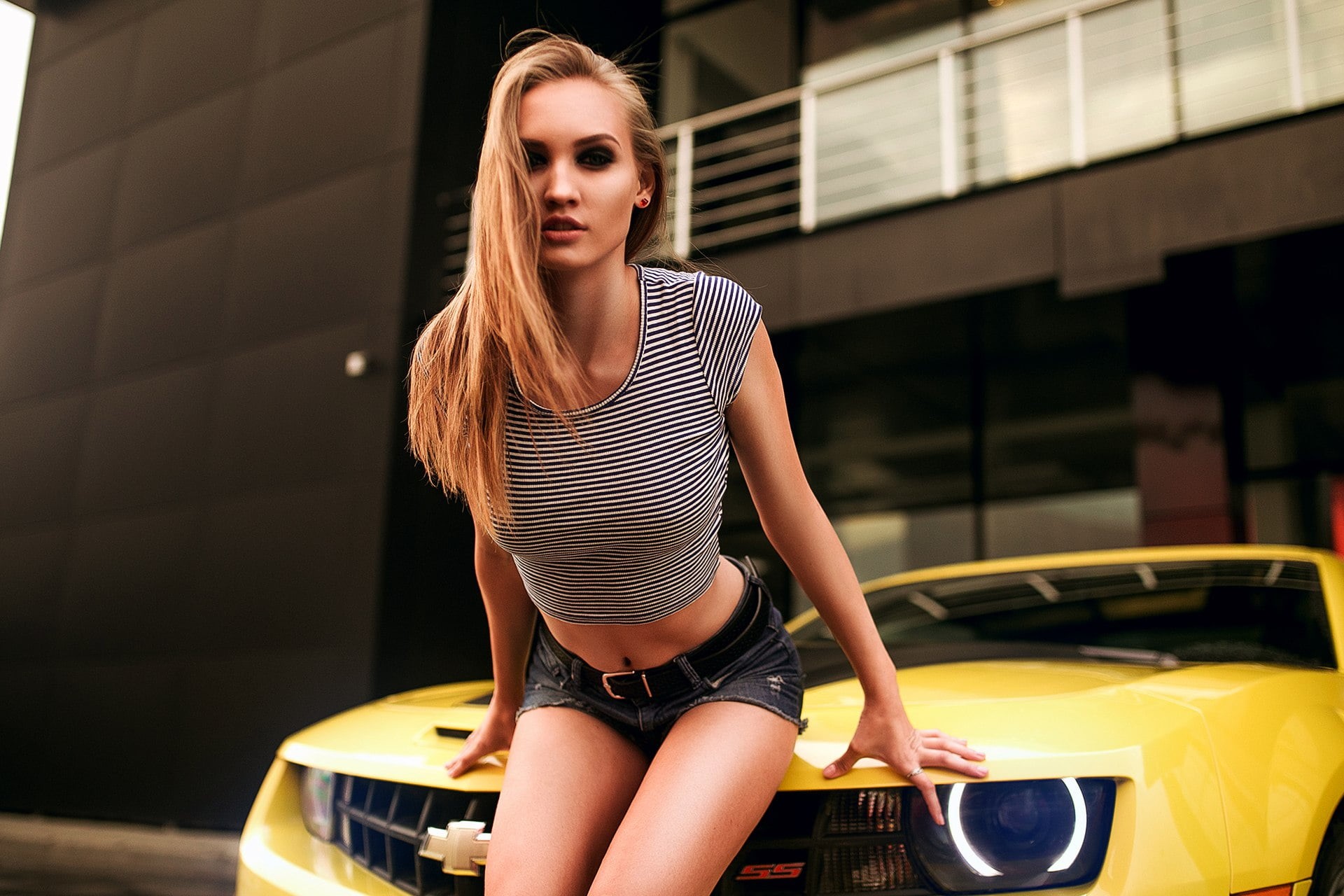 lifestyles, mode of transportation, Camaro, women outdoors, adult, standing, 1080P, car, hair, blonde, hairstyle, young adult, beautiful woman, three quarter length, HD Wallpaper
