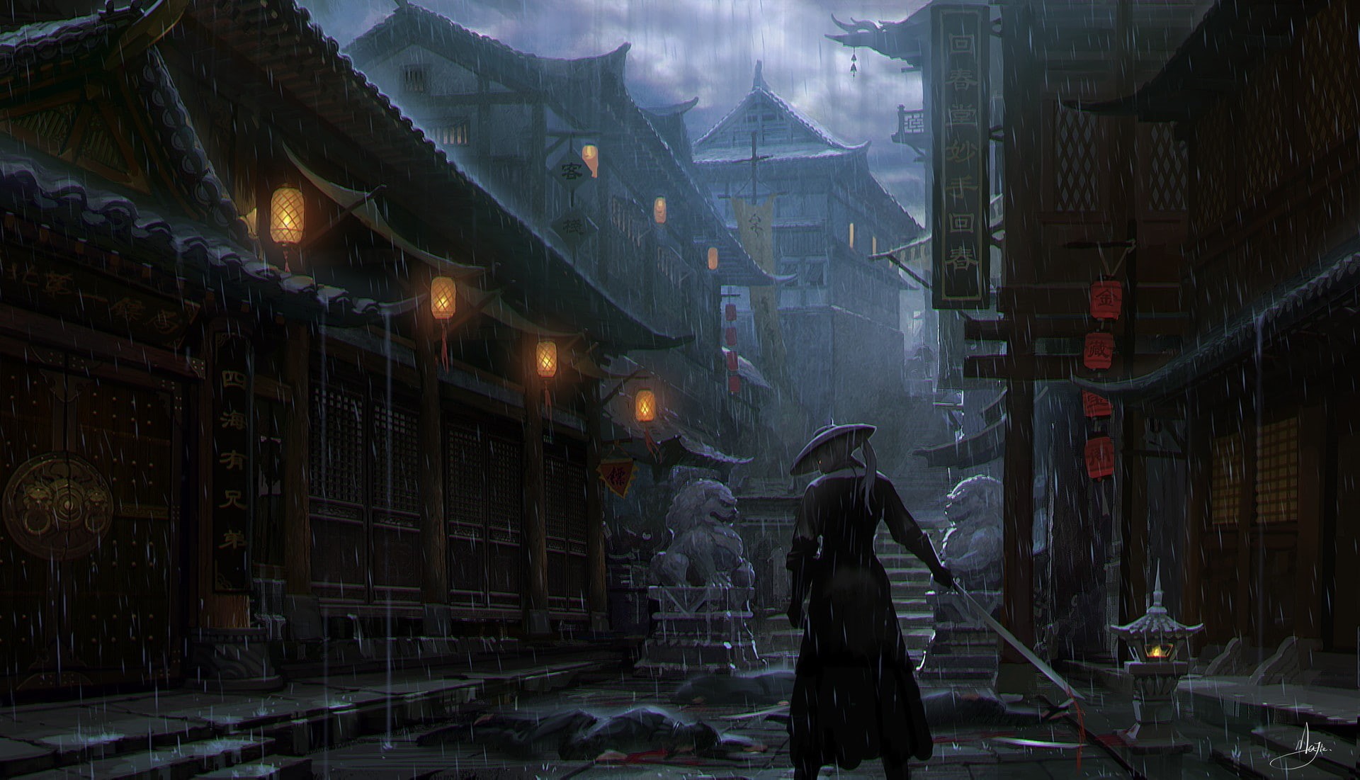 Imperial City, rain, artwork, samurai, 1080P, HD Wallpaper