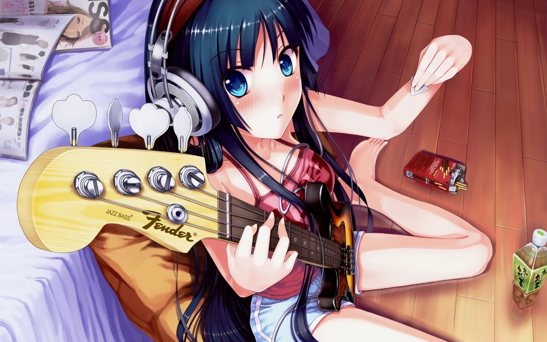  one person, high angle view, holding, real people, indoors, leisure activity, character, technology, anime, fender, Akiyama Mio, portrait, front view, HD Wallpaper