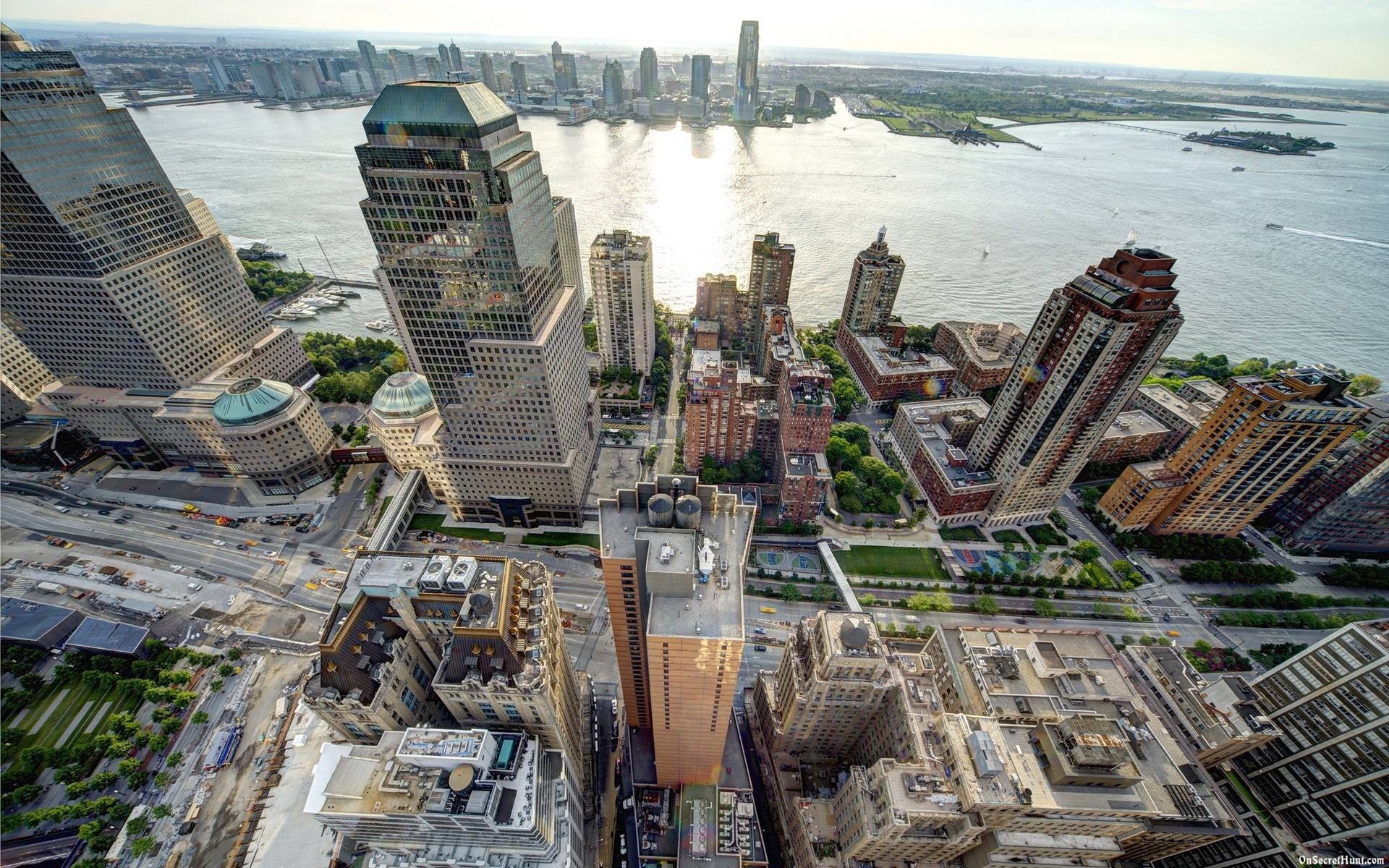 USA, city, rise, high angle view, Manhattan, crowd, financial district, birds eye view, cityscape, office, sea, road, office building exterior, built structure, HD Wallpaper