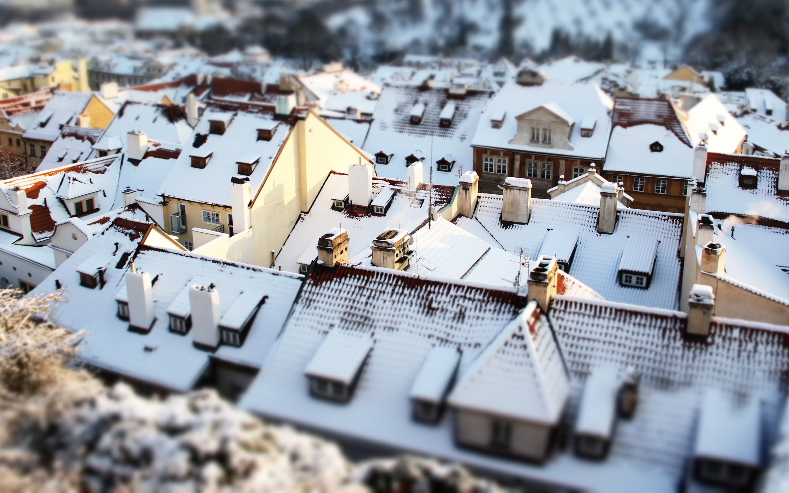 paint, architecture, outdoors, tilt-shift, building, snow, nature, europe, roof, city, village, winter, beige, building Exterior, urban Scene, white, no people, HD Wallpaper