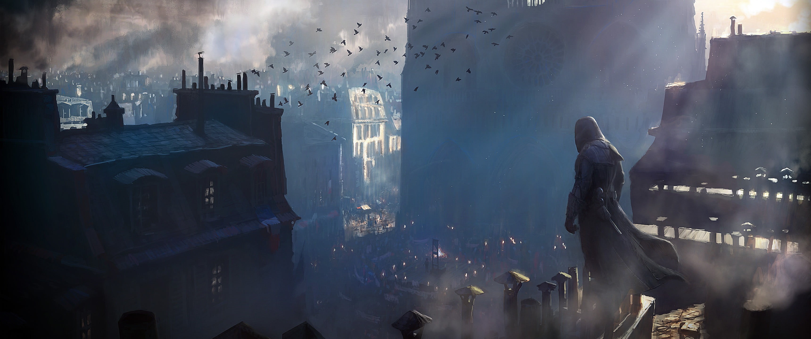 adult, real people, built structure, city life, city, men, birds, assassin, building, panoramic, video games, creed, Assassins Creed, sun rays, building exterior, HD Wallpaper