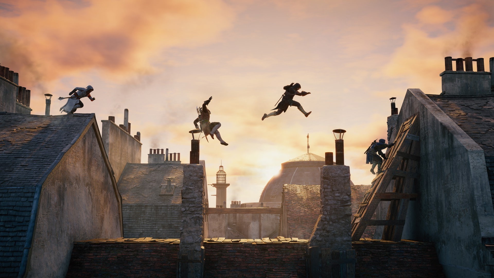 low angle view, building exterior, sunset, representation, sky, statue, building, built structure, mid-air, nature, human representation, city, video games, HD Wallpaper