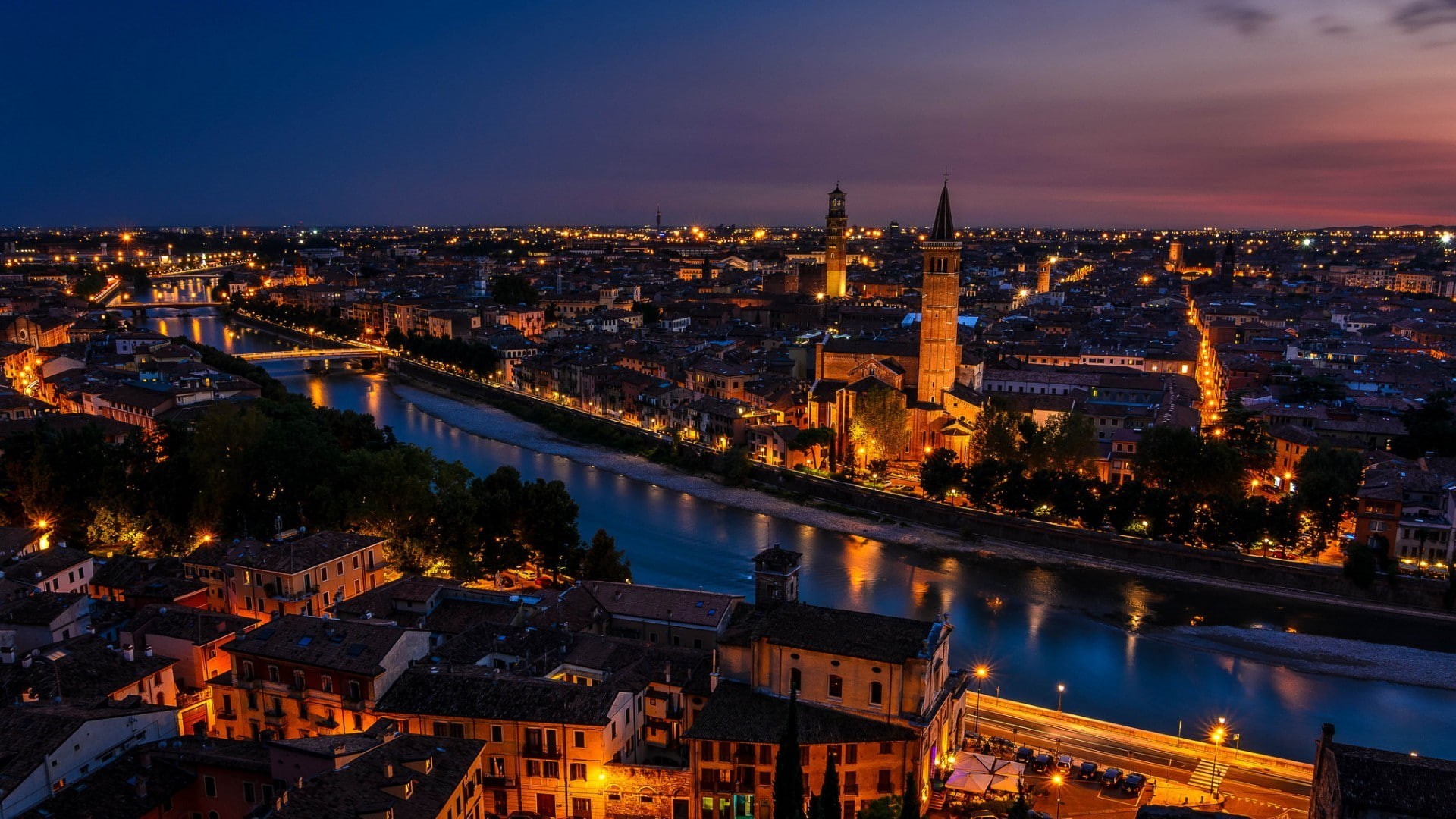 building, travel destinations, river, ancient, tower, reflection, built structure, church, rooftops, cityscape, illuminated, architecture, dusk, trees, HD Wallpaper