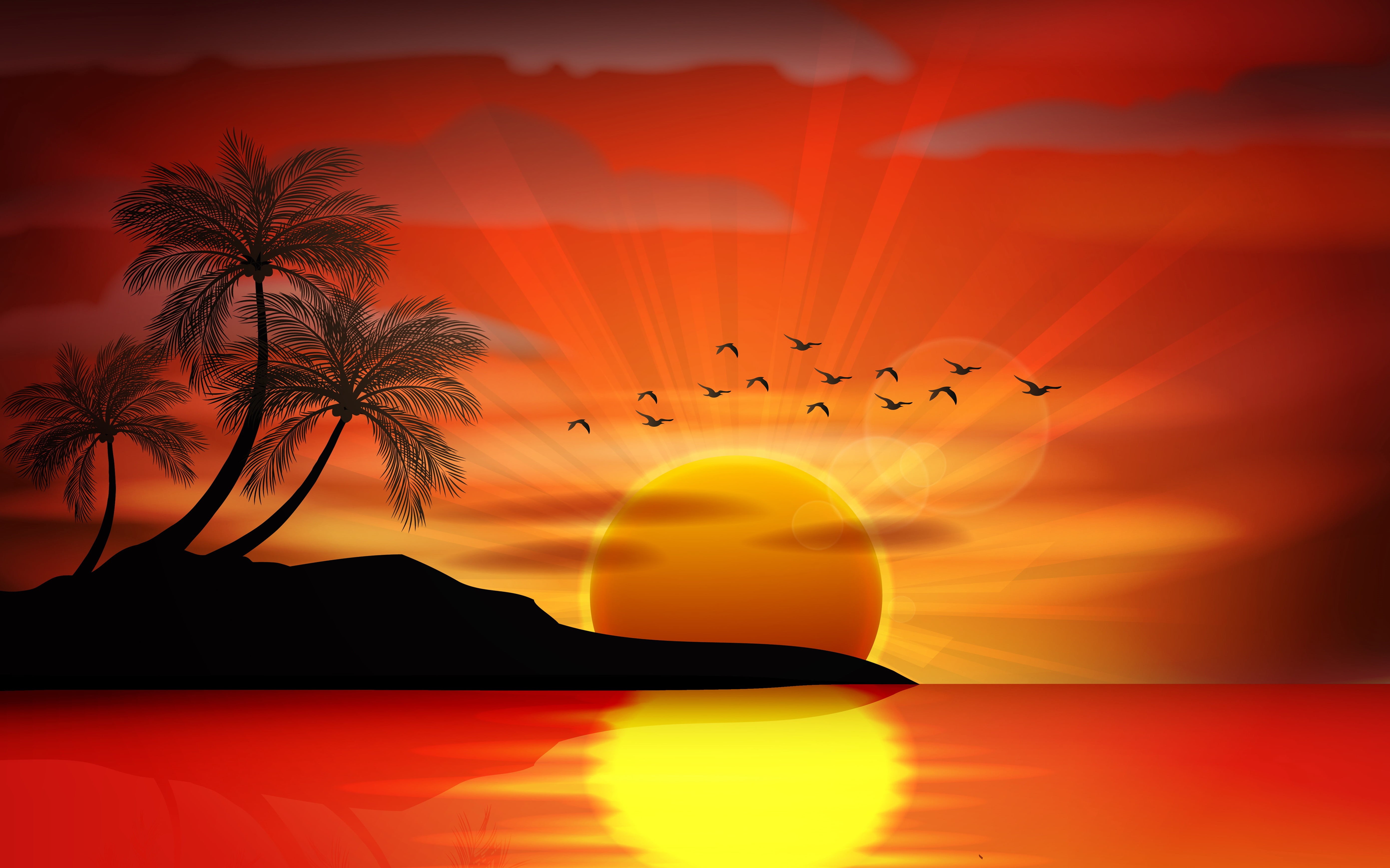 digital composite, paradise, palms, tropical, silhouette, tranquility, no people, palm tree, sun, 5K, reflection, nature, sky, red, tranquil scene, HD Wallpaper