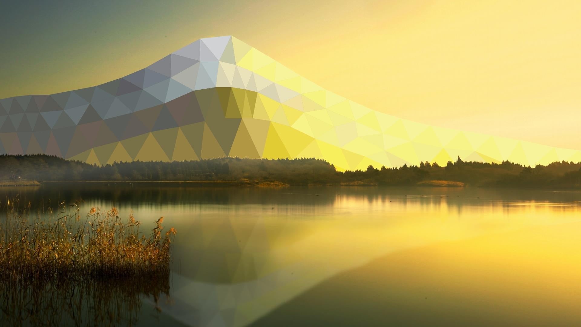 plant, sunset, outdoors, mountain, sunlight, pixelated, landscape, tree, tranquil scene, mountains, architecture, low poly, reflection, lake, tranquility, HD Wallpaper