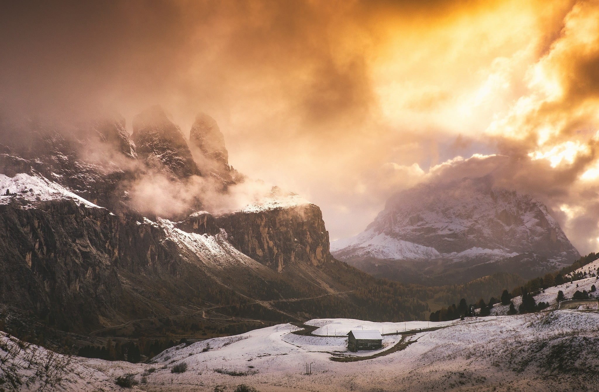 cabin, cloud - sky, landscape, 1080P, sunlight, environment, extreme terrain, white, snowcapped mountain, winter, Italy, clouds, mountain peak, painting, HD Wallpaper