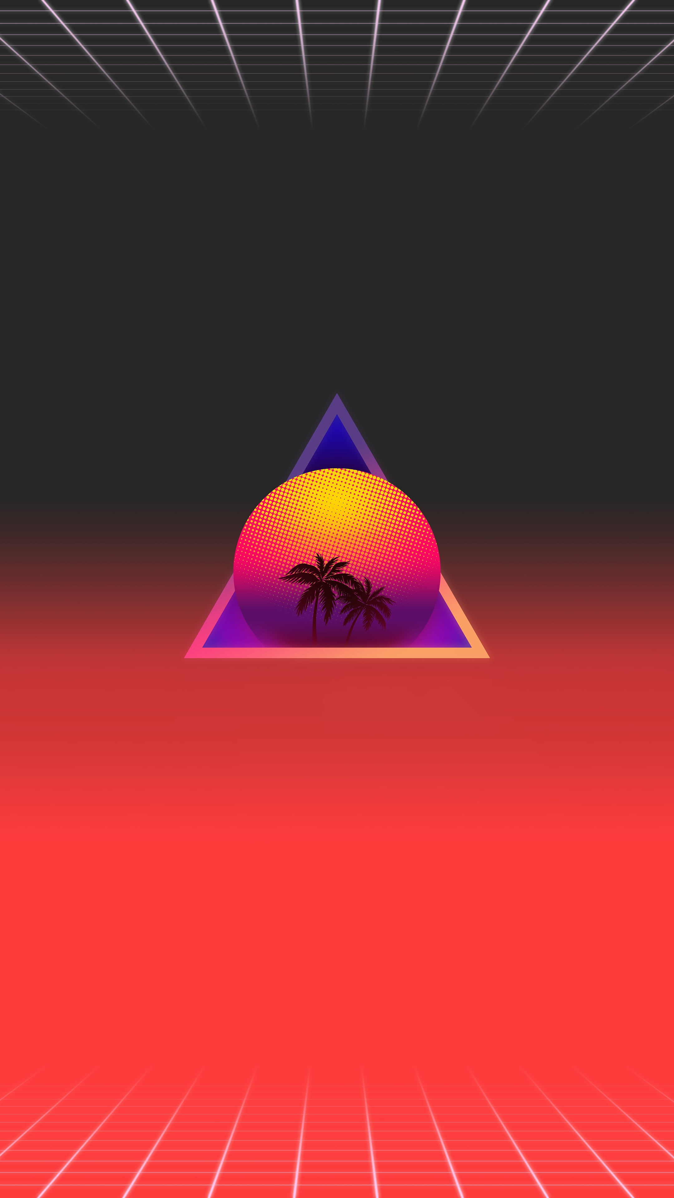 sunset, 4K, synthwave, digital art, vaporwave, OutRun, Retrowave, palm trees, Phone HD Wallpaper