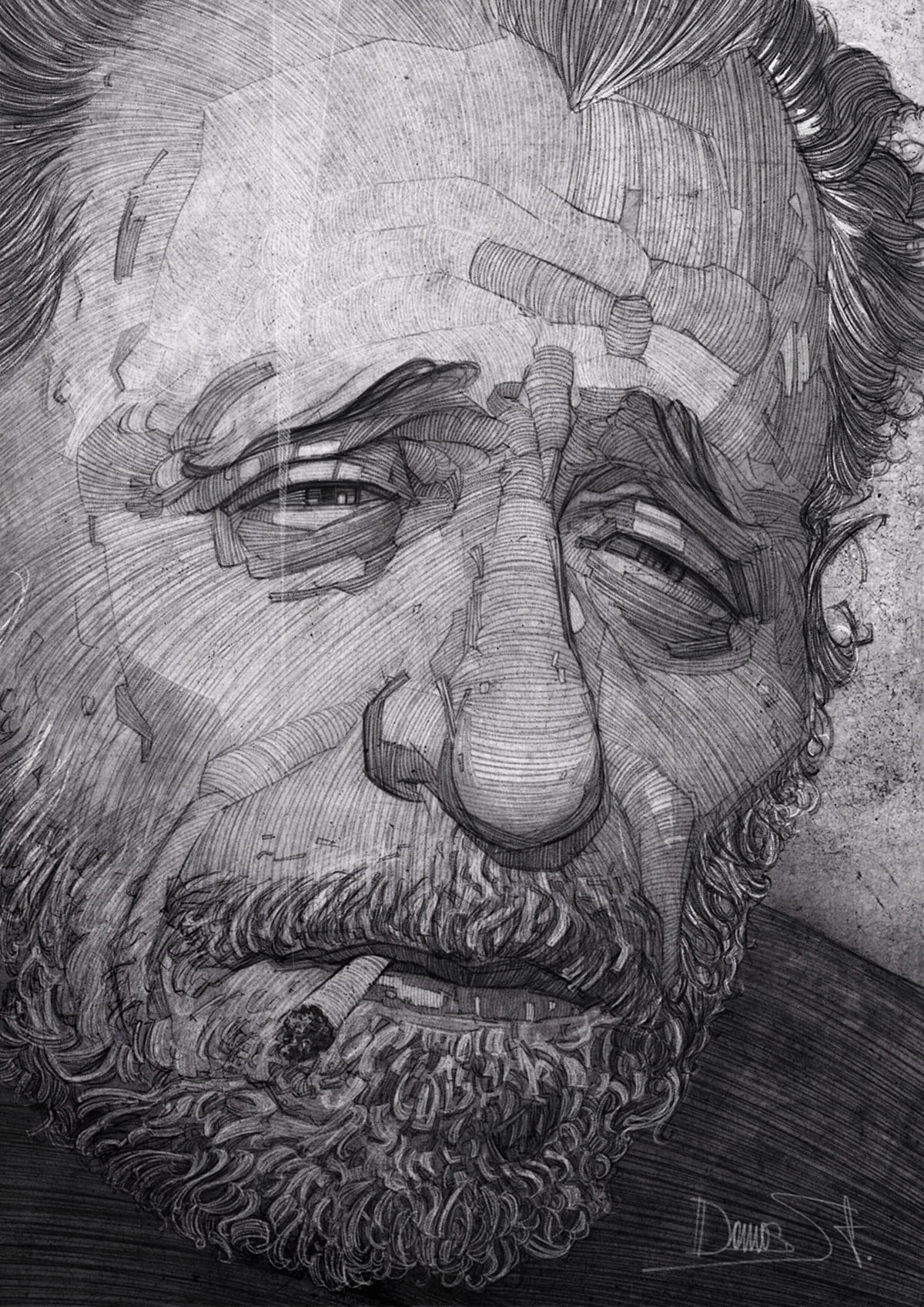 720P, Charles Bukowski, drawing, monochrome, writers, portrait display, men, face, beard, Phone HD Wallpaper