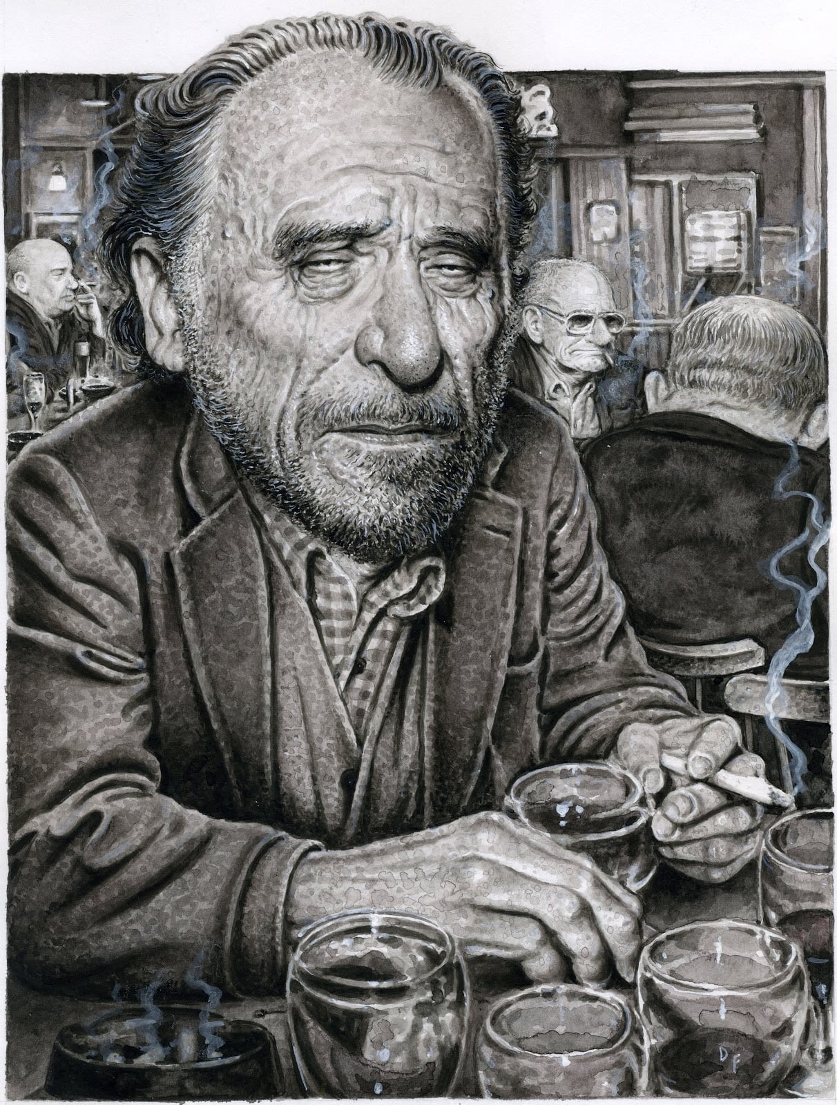 Charles Bukowski, 720P, beard, men, monochrome, drawing, writers, portrait display, face, Phone HD Wallpaper