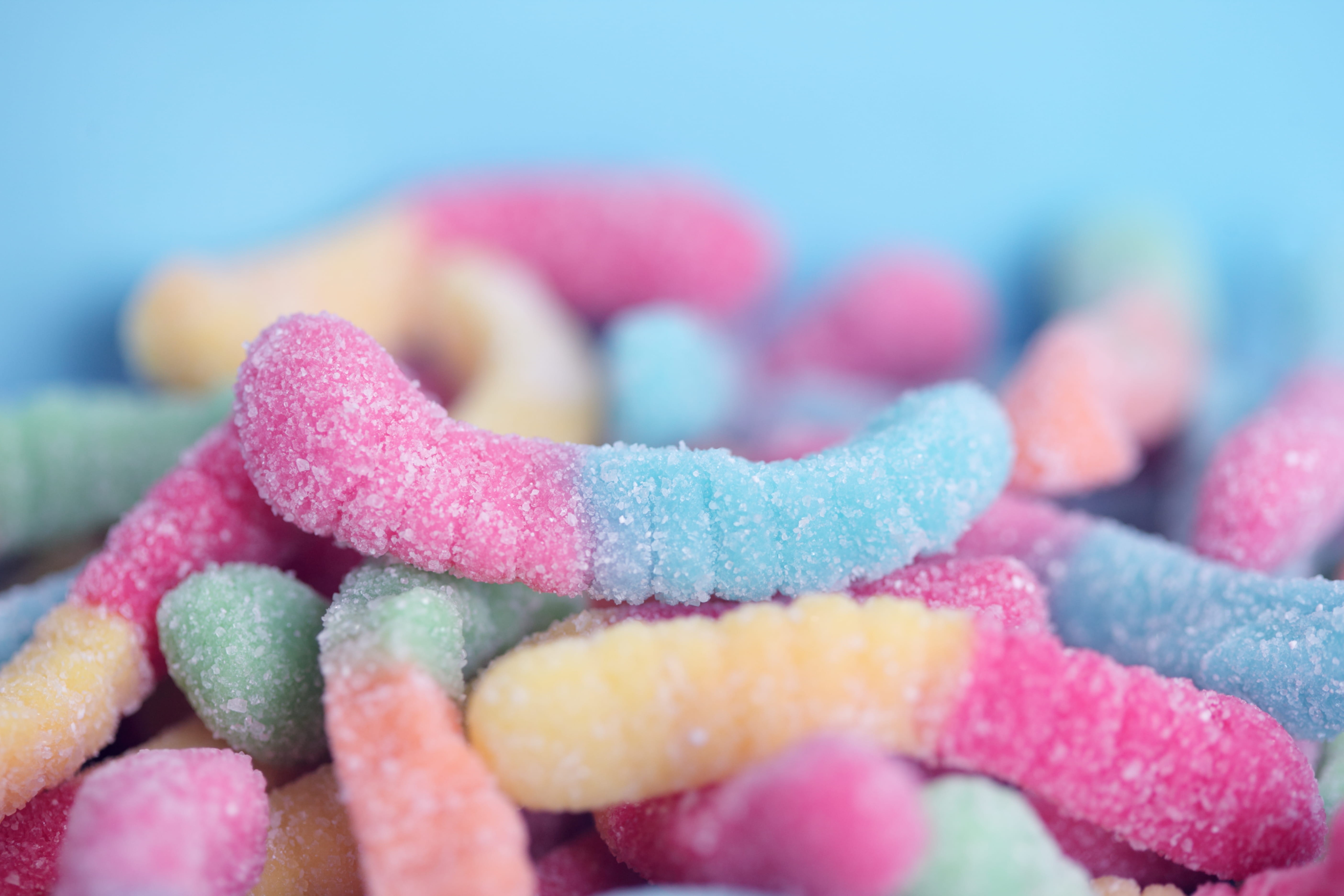 sweet and sour, assorted, sugar, indoors, multi colored, unhealthy eating, temptation, food and drink, sweet, indulgence, choice, 5K, gummy, coated, worms, HD Wallpaper