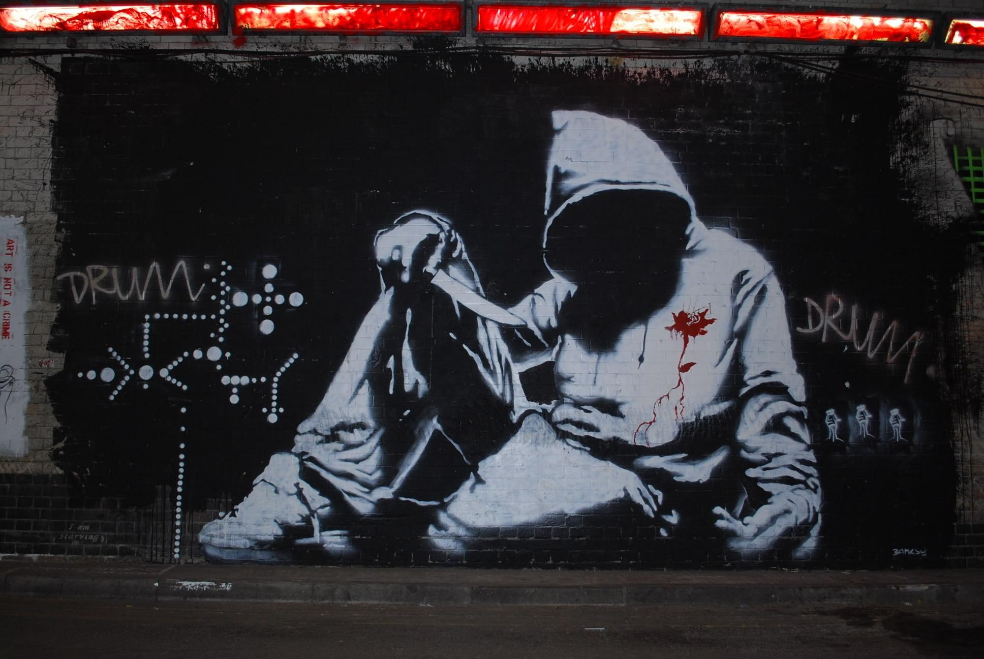 graffiti, stencil, 1080P, figure, 3d and abstract, hooded, HD Wallpaper