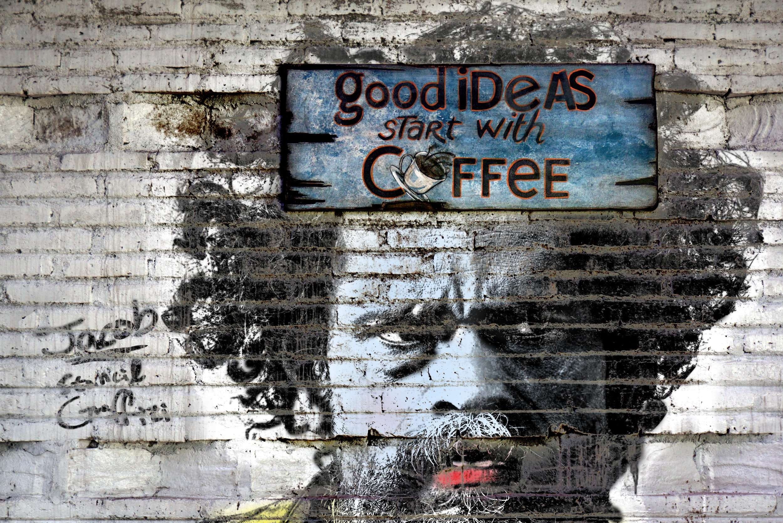 coffee, fence, architecture, 1080P, communication, day, graffiti, outdoors, alley, deterioration, street art, close-up, brick wall, ideas, western script, HD Wallpaper