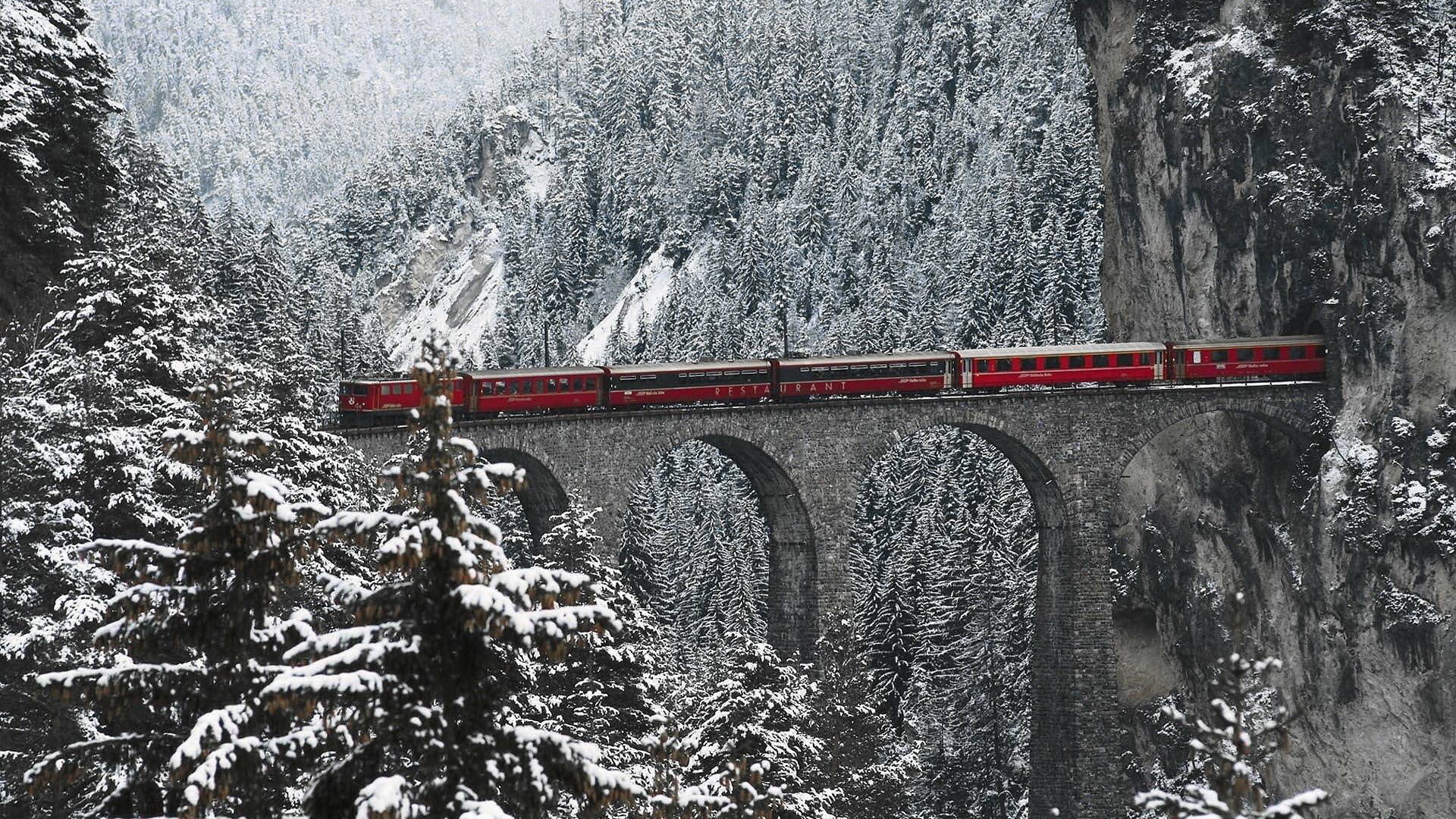 bridge, Swiss Alps, 1080P, Engadin Valley, train, snow, HD Wallpaper