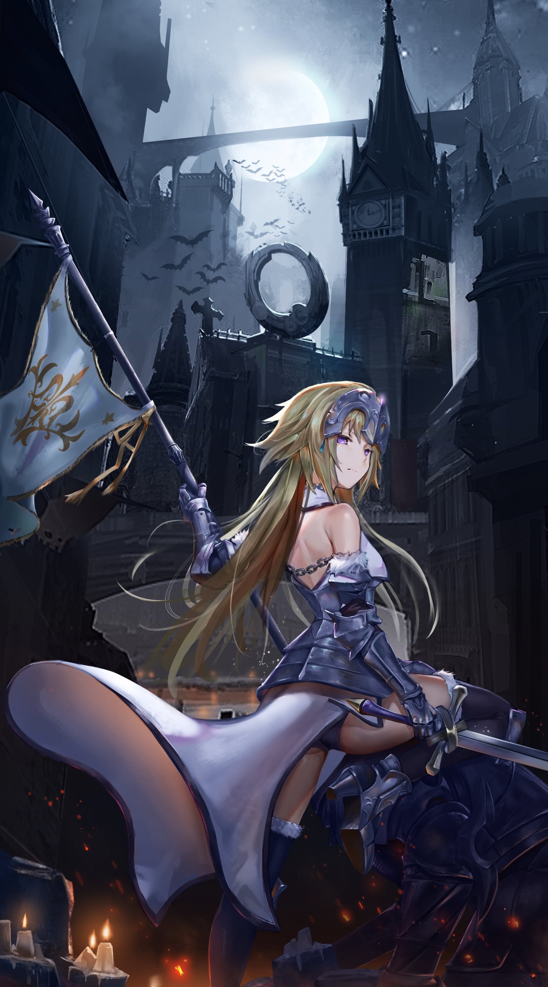 2K, Fate Series, blond hair, Ruler (Fate/Apocrypha), digital art, castle, Jeanne dArc (Fate), knight, Fate/Apocrypha, anime girls, long hair, fantasy weapon, Phone HD Wallpaper