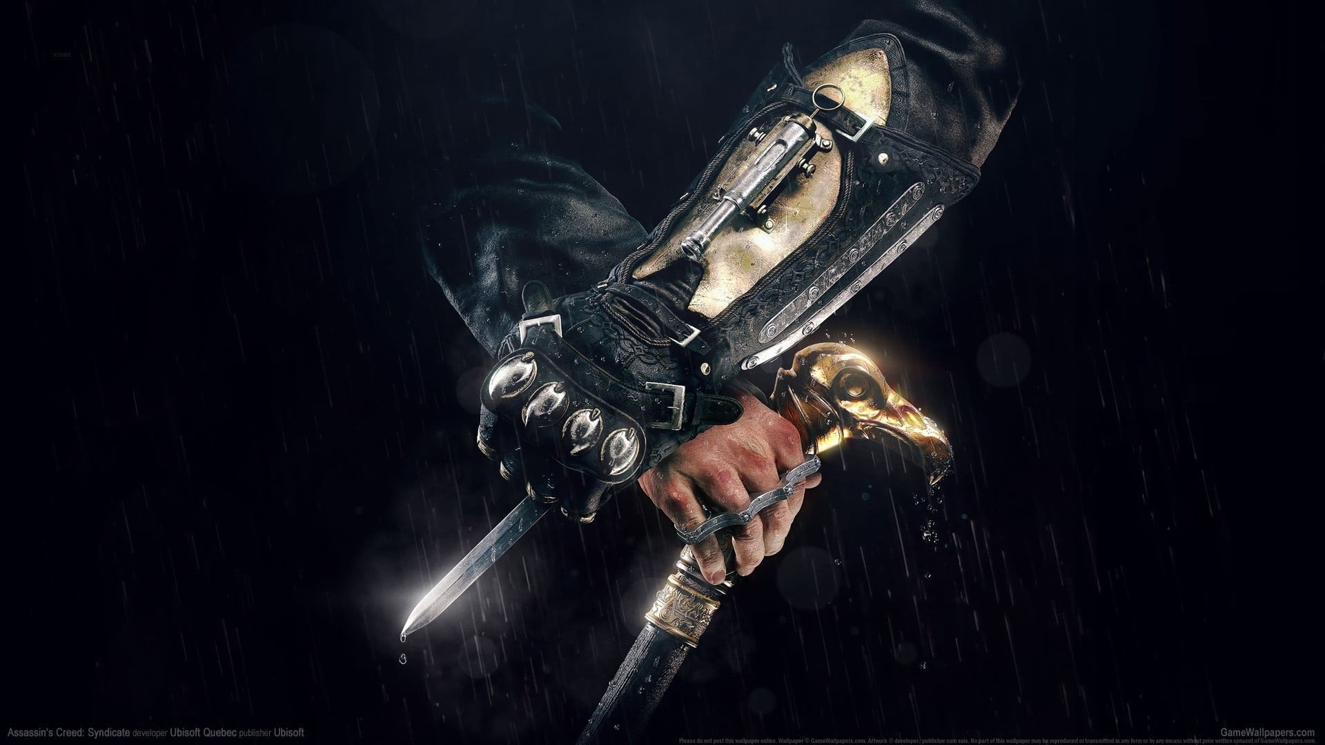 close-up, smoke - physical structure, arm, fantasy, man, band, hand, holding, black, work tool, 1080P, gauntlet, Assassins Creed Syndicate, sword, human body part, HD Wallpaper