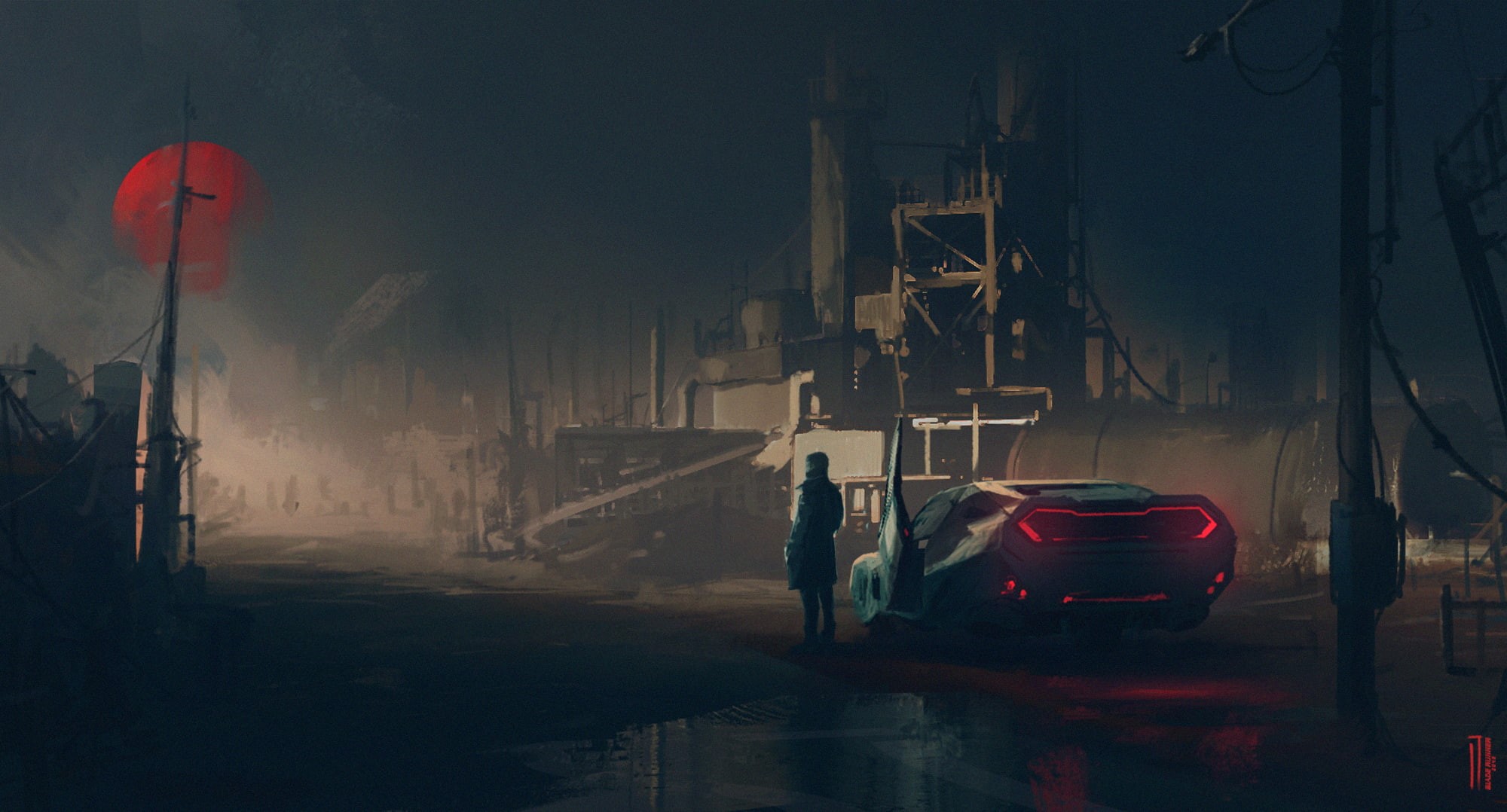 transportation, mode of transportation, industry, land vehicle, stationary, digital art, city, red, artwork, artist, fog, no people, 2017 movies, nature, HD Wallpaper