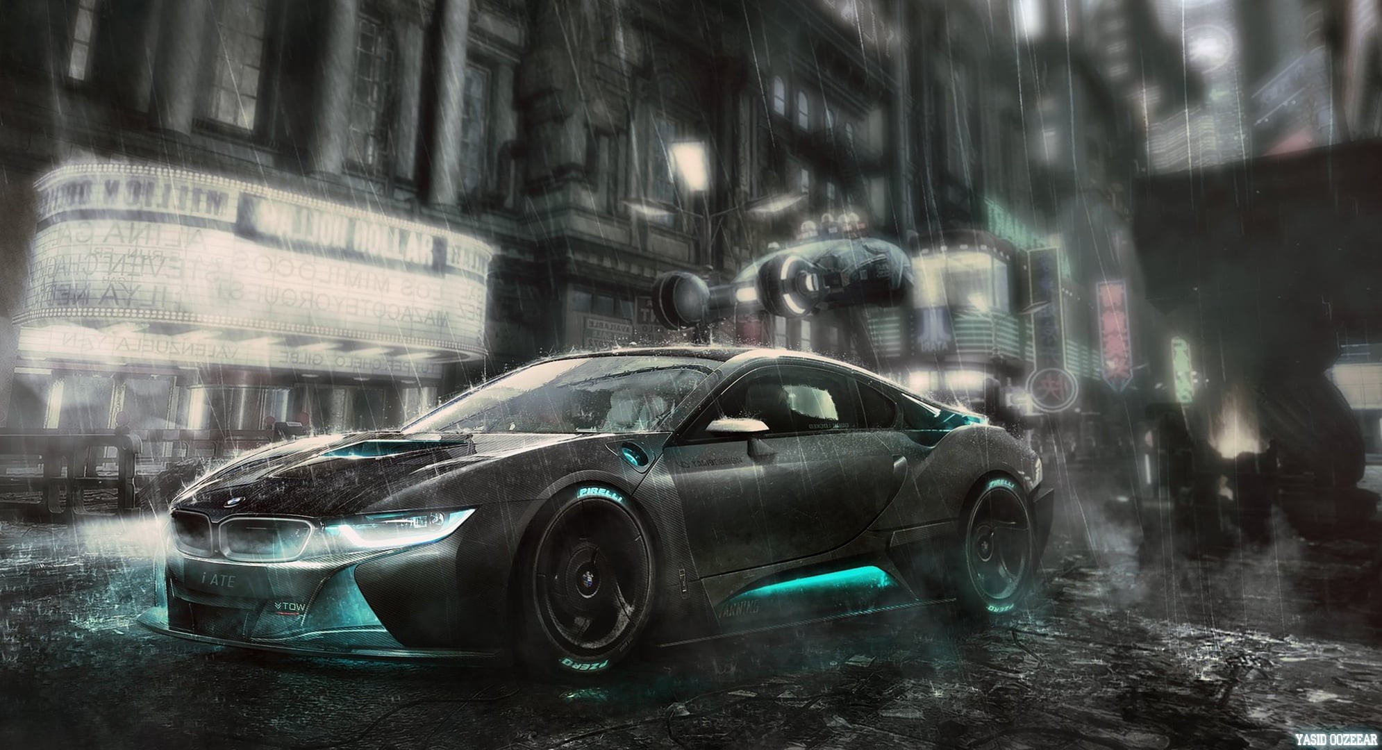 Car, Rendering, Machine, Art, Blade Runner, BMW i8, 1080P, Yasid Oozeear, The city, Fiction, Rain, Auto, Blade Tunner, HD Wallpaper