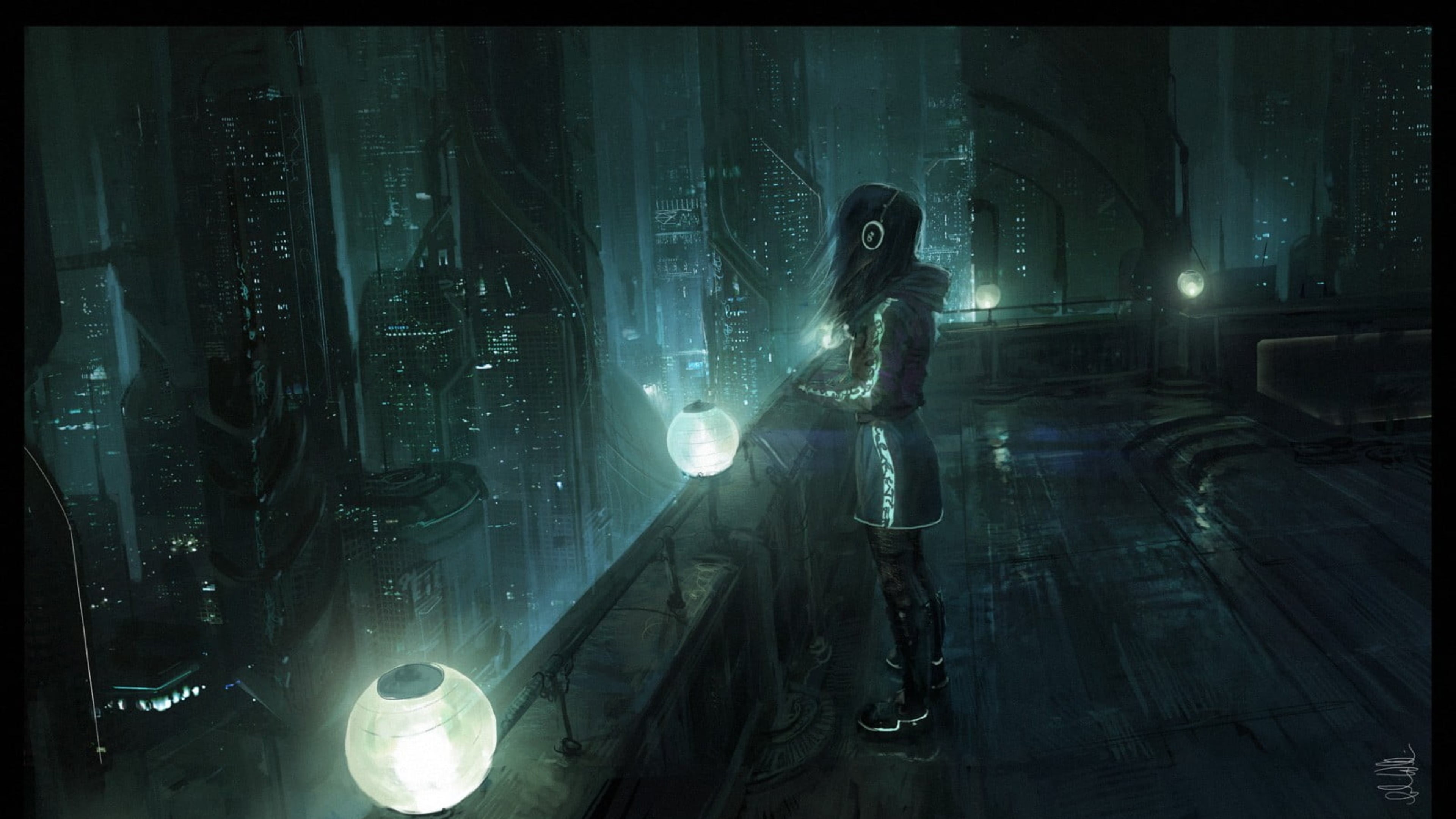 anime girls, artwork, anime, original characters, standing, 4K, rooftops, Blade Runner, digital art, night, science fiction, city, HD Wallpaper