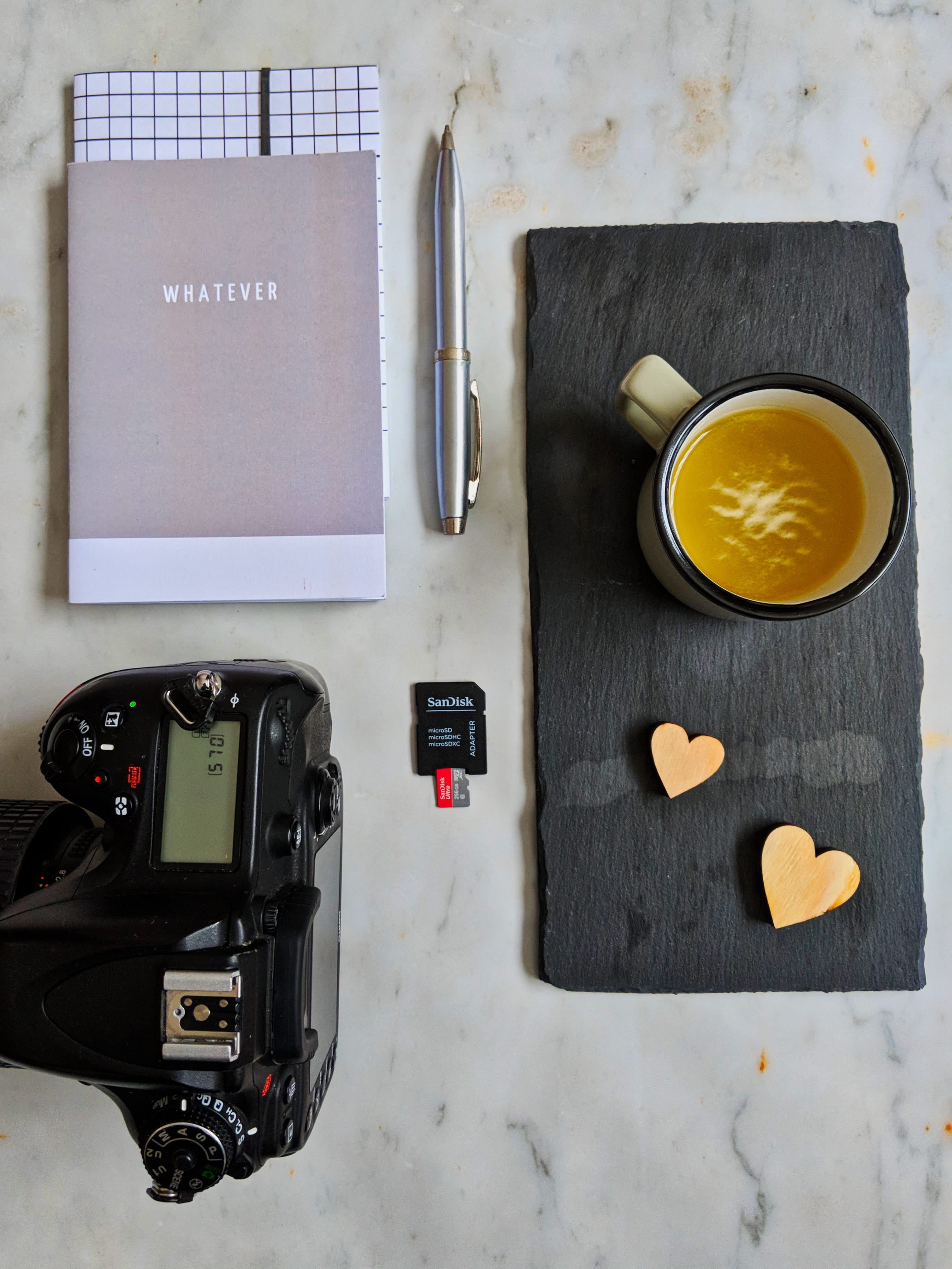 book, directly above, camera, near, camera - photographic equipment, black, memory, food and drink, high angle view, close-up, text, refreshment, still life, Phone HD Wallpaper