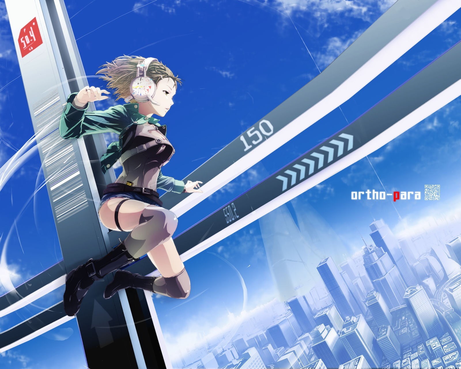 outdoors, city, nature, sunlight, anime, techno, sky, built structure, people, communication, original characters, architecture, blue, building exterior, HD Wallpaper