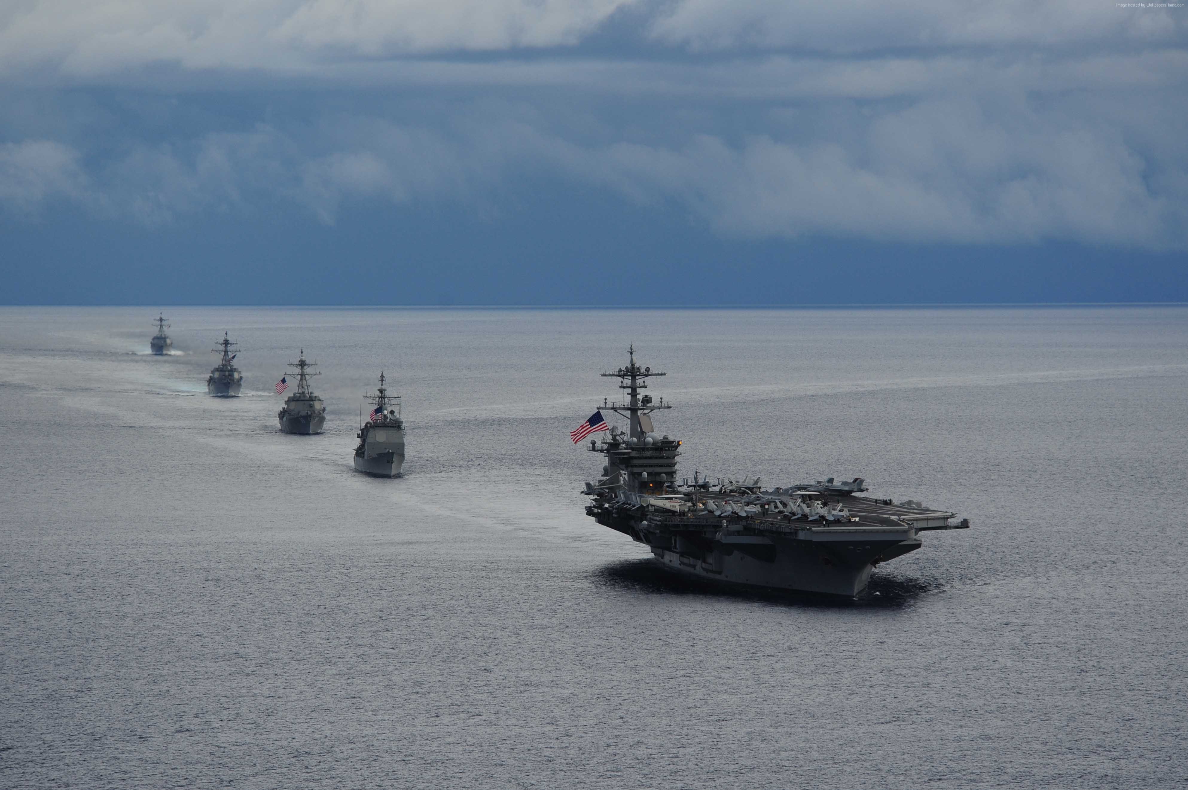 cruise ship, horizon, water, day, aircraft carrier, beauty in nature, 4K, Nimitz, nature, scenics - nature, Big Stick, USS Theodore Roosevelt, cloud - sky, HD Wallpaper