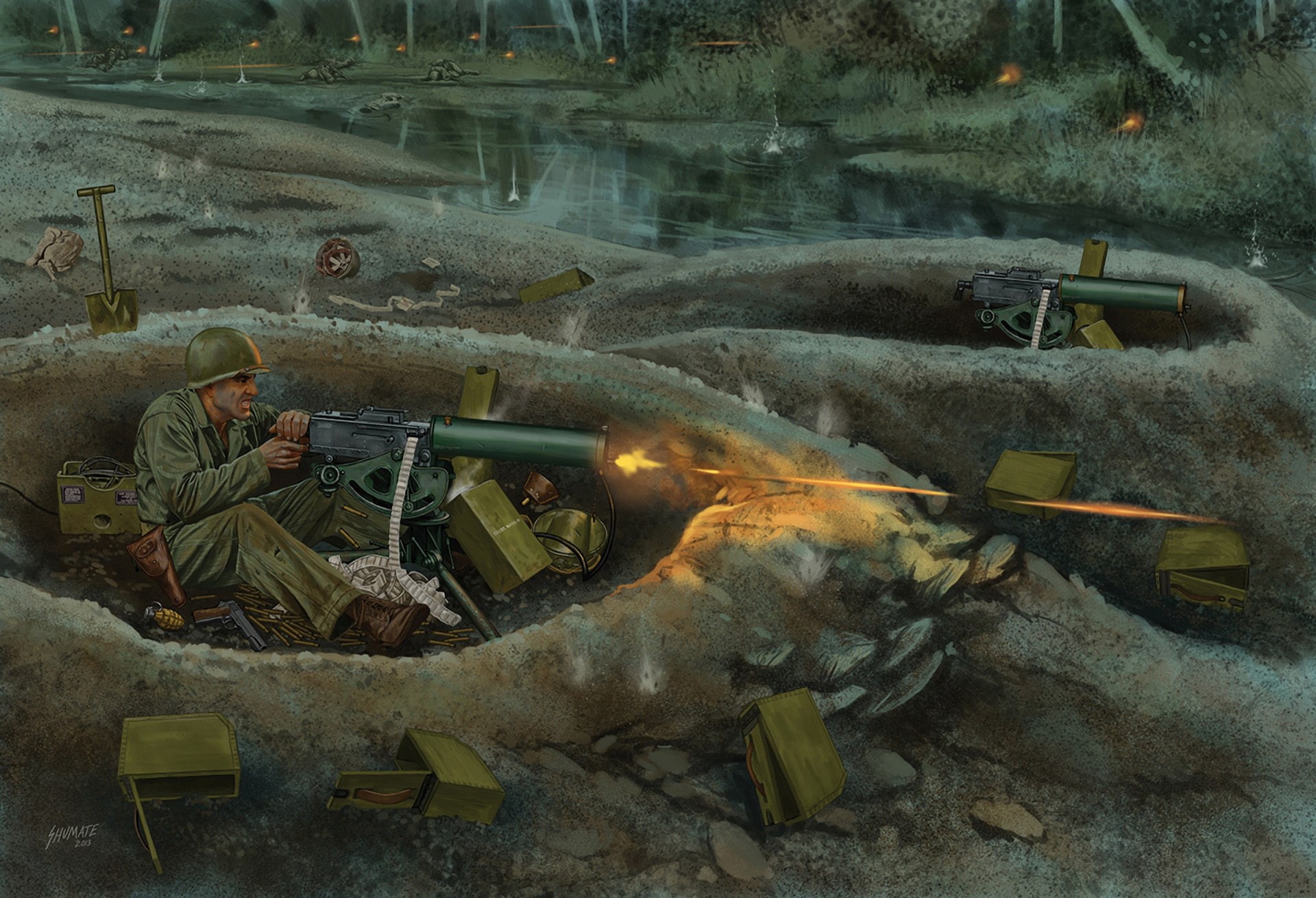 the battle, mode of transportation, routes, high angle view, day, convoys, machine gun, heat - temperature, damaged, shooting, action, artist, soldiers, HD Wallpaper