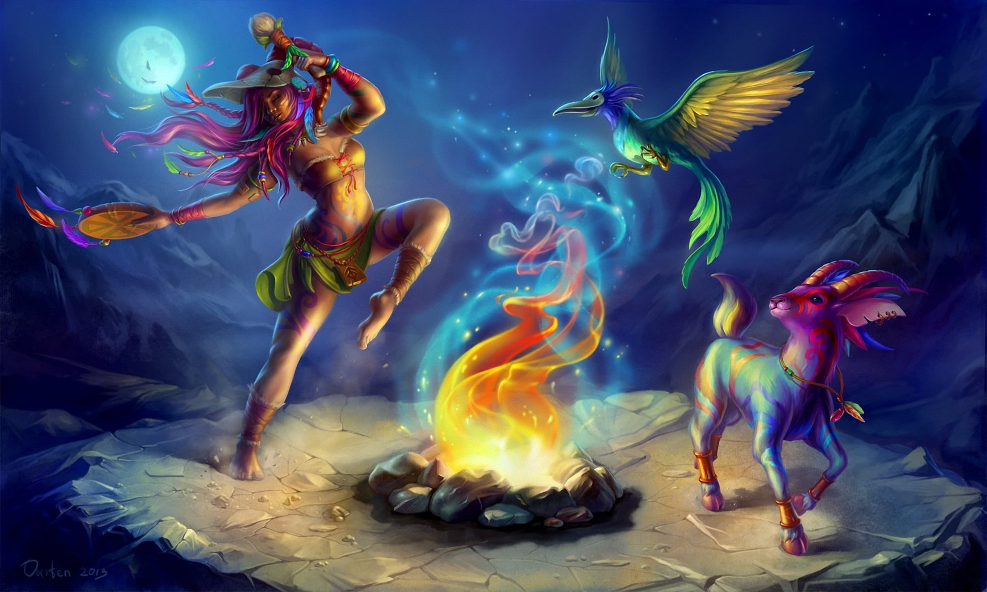 art, water, dance, savage, the moon, mask, multi colored, nature, mythical, animal themes, animal wildlife, creatures, tank, indoors, vertebrate, HD Wallpaper