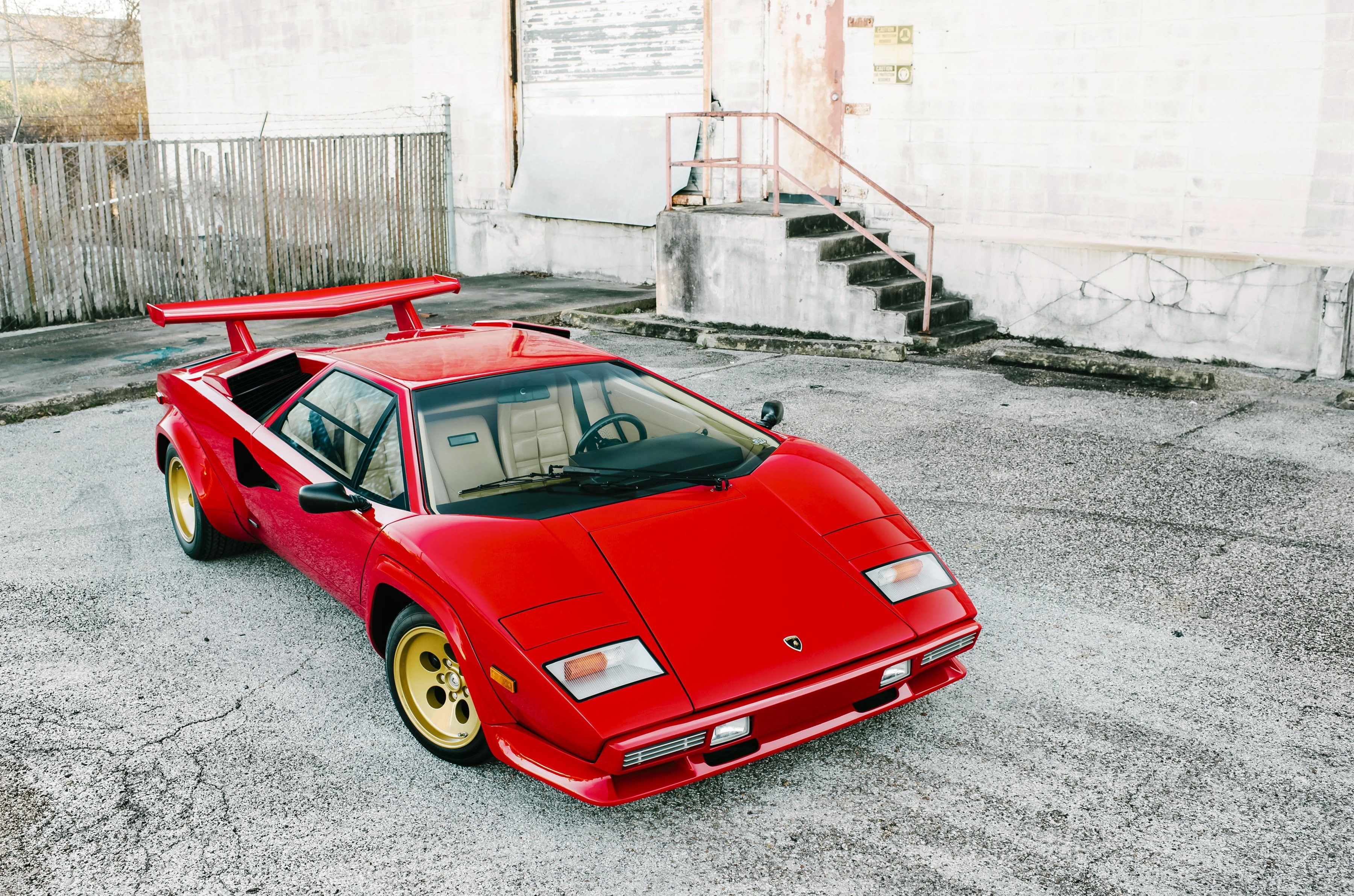 damaged, street, day, concrete, city, Red, architecture, Side view, motor vehicle, outdoors, building exterior, no people, Countach, Lamborghini, built structure, HD Wallpaper