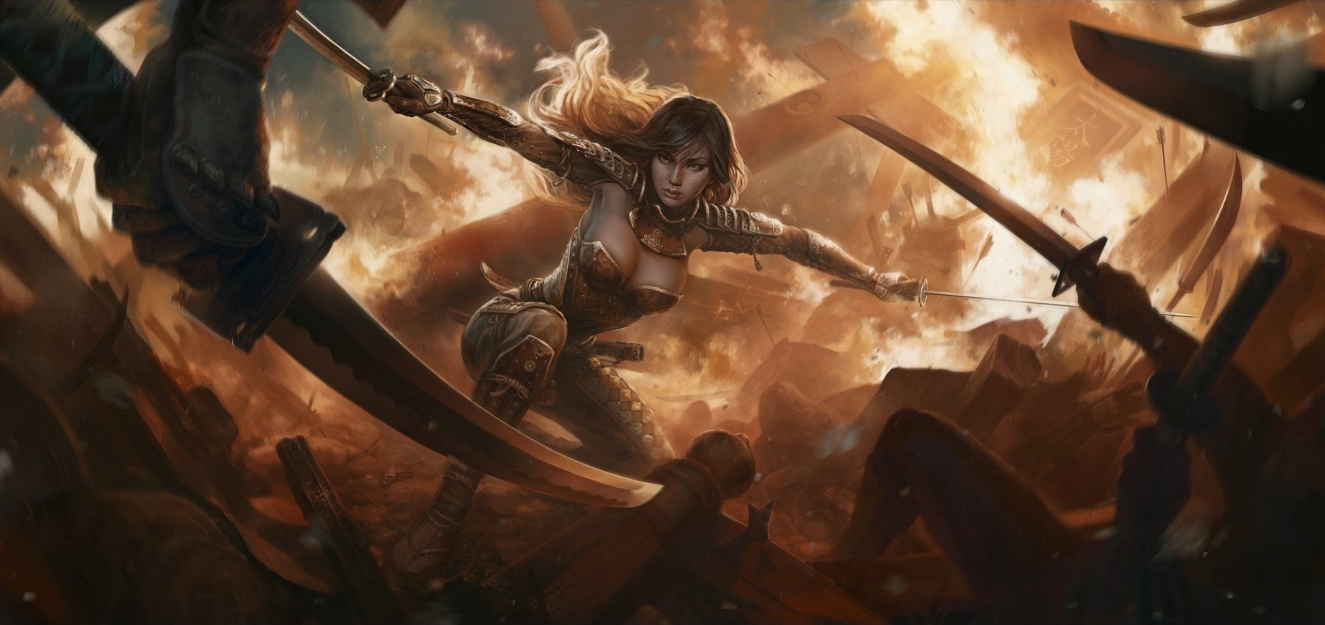 Girl, Katakana, Samurai, Battle, 1080P, Oriental, Fire, Fantasy, Woman Warrior, Warrior, HD Wallpaper