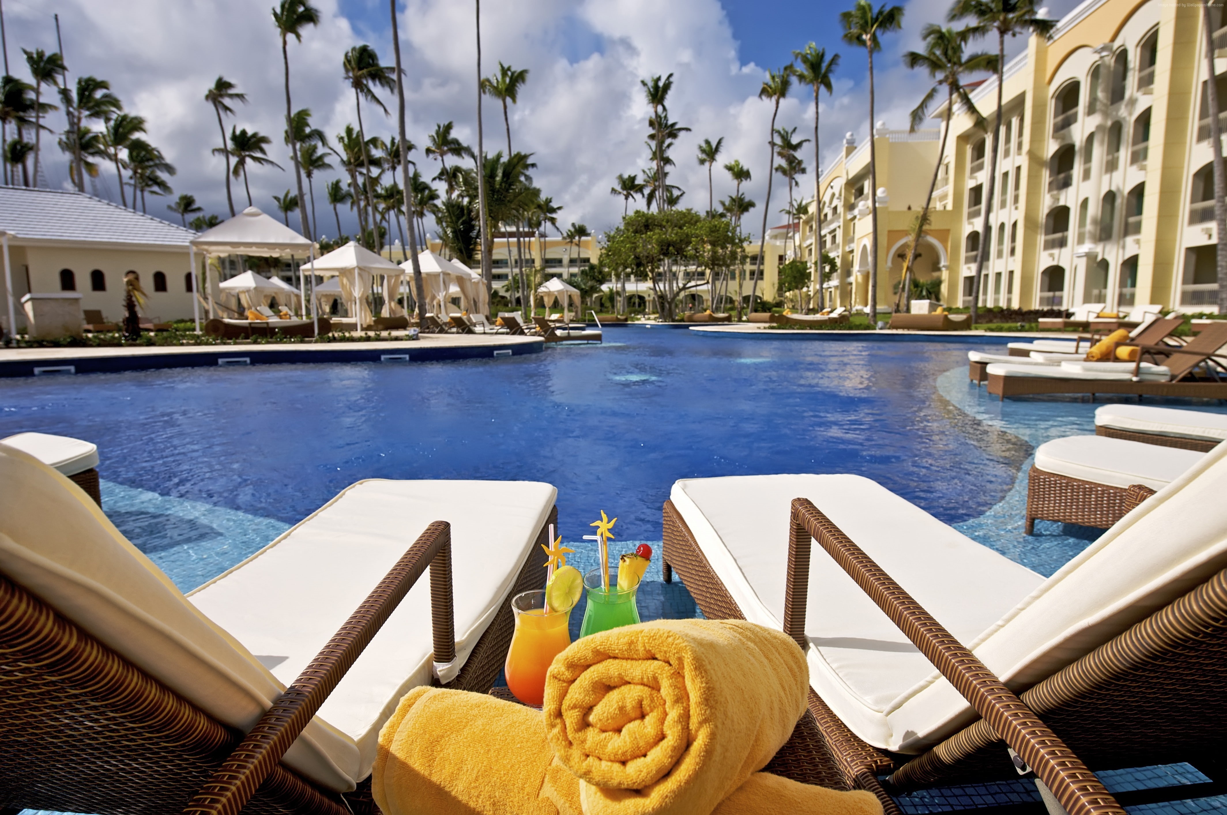 chair, Punta Kana, built structure, sky, vacation, tourism, water, swimming pool, tropical climate, travel destinations, outdoors, travel, 4K, Iberostar Grand Hotel Bavaro, HD Wallpaper