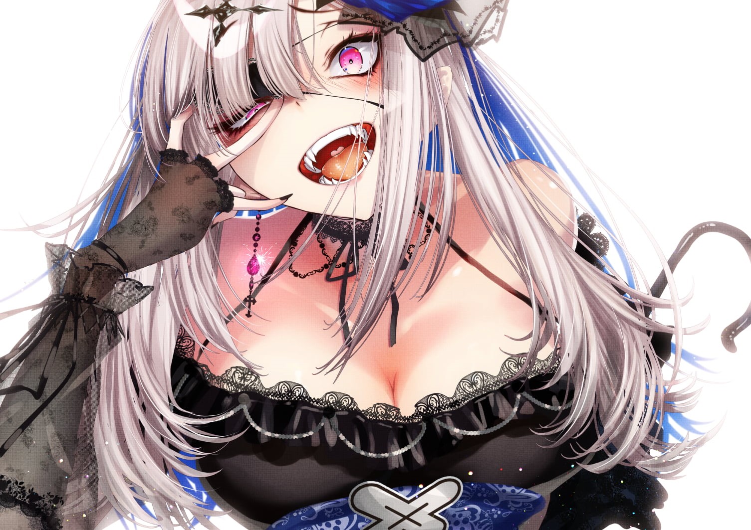 sukoya kana, Nijisanji, Fang, eyepatches, blush, pink eyes, long hair, elbow gloves, gray hair, 720P, open mouth, cleavage, cross, HD Wallpaper