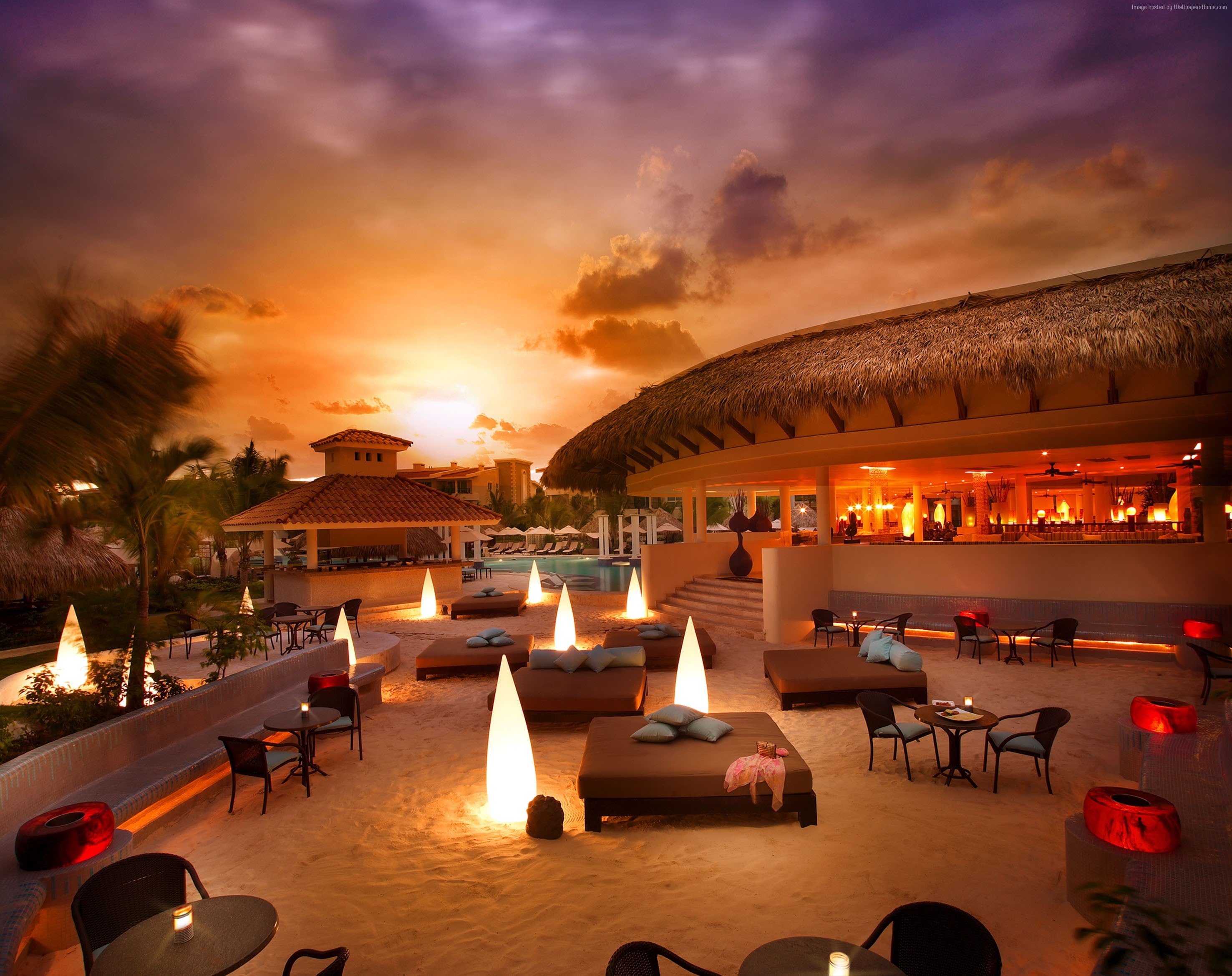 sunset, sand, vacation, Punta Kana, Paradisus Palma Real, 2K, Best beaches of 2017, travel, Best Hotels of 2017, resort, tourism, HD Wallpaper
