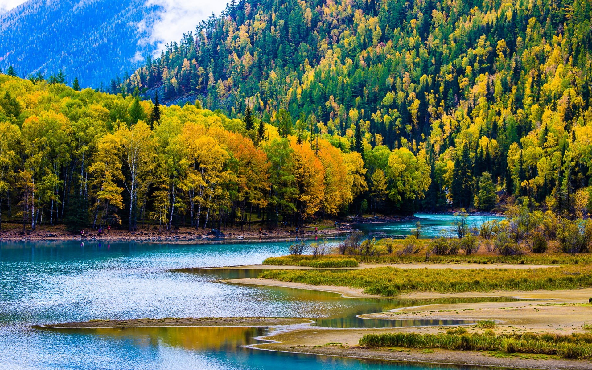 non-urban scene, travel, waterfront, land, forest, growth, lake, green, scenics - nature, leafed, outdoors, tree, nature, water, kanas, autumn, flowing water, HD Wallpaper