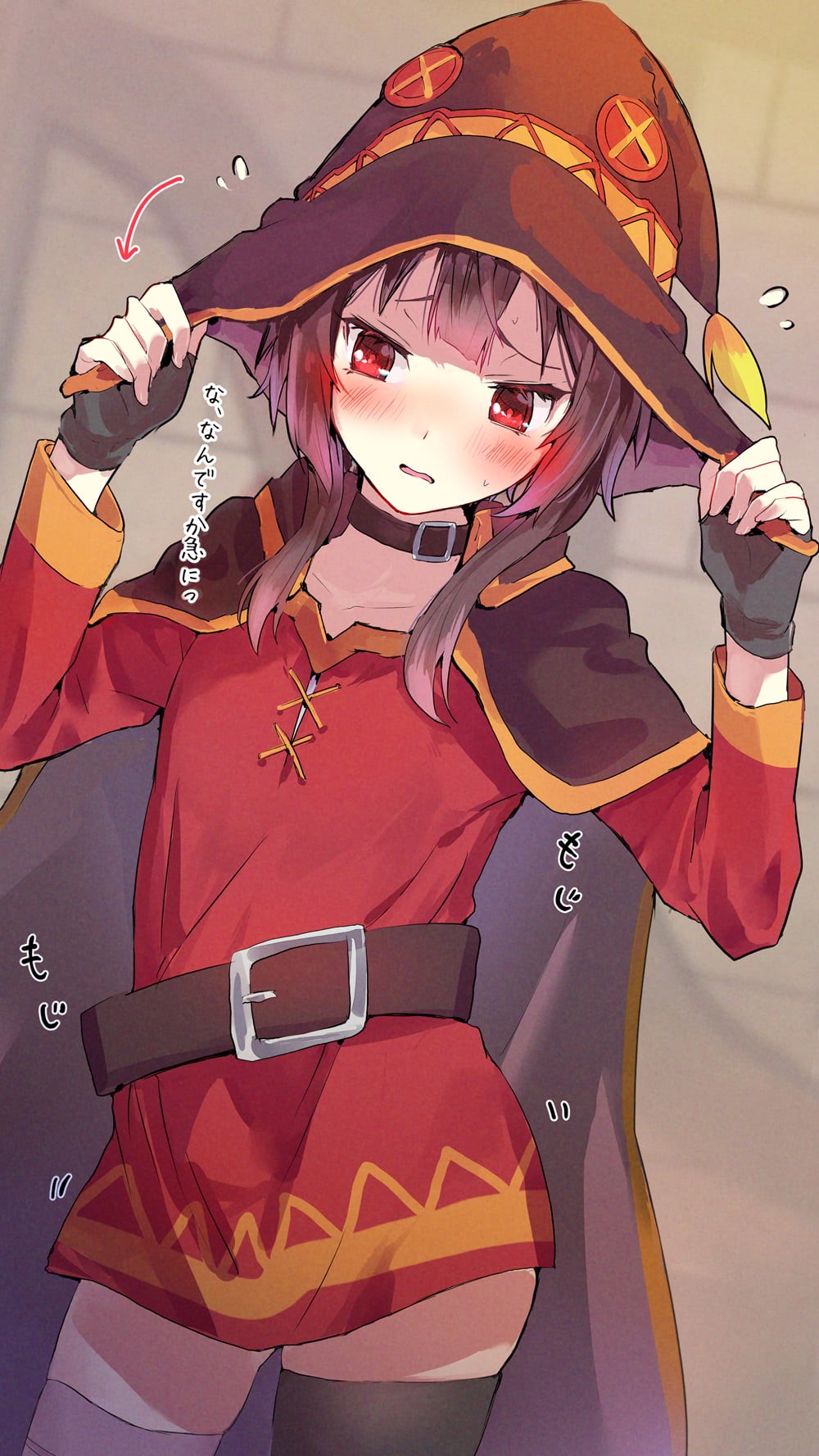 black gloves, fingerless gloves, brown belt, bandage, artwork, Kono Subarashii Sekai ni Shukufuku wo!, anime girls, short hair, red eyes, Megumin (KonoSuba), Phone HD Wallpaper