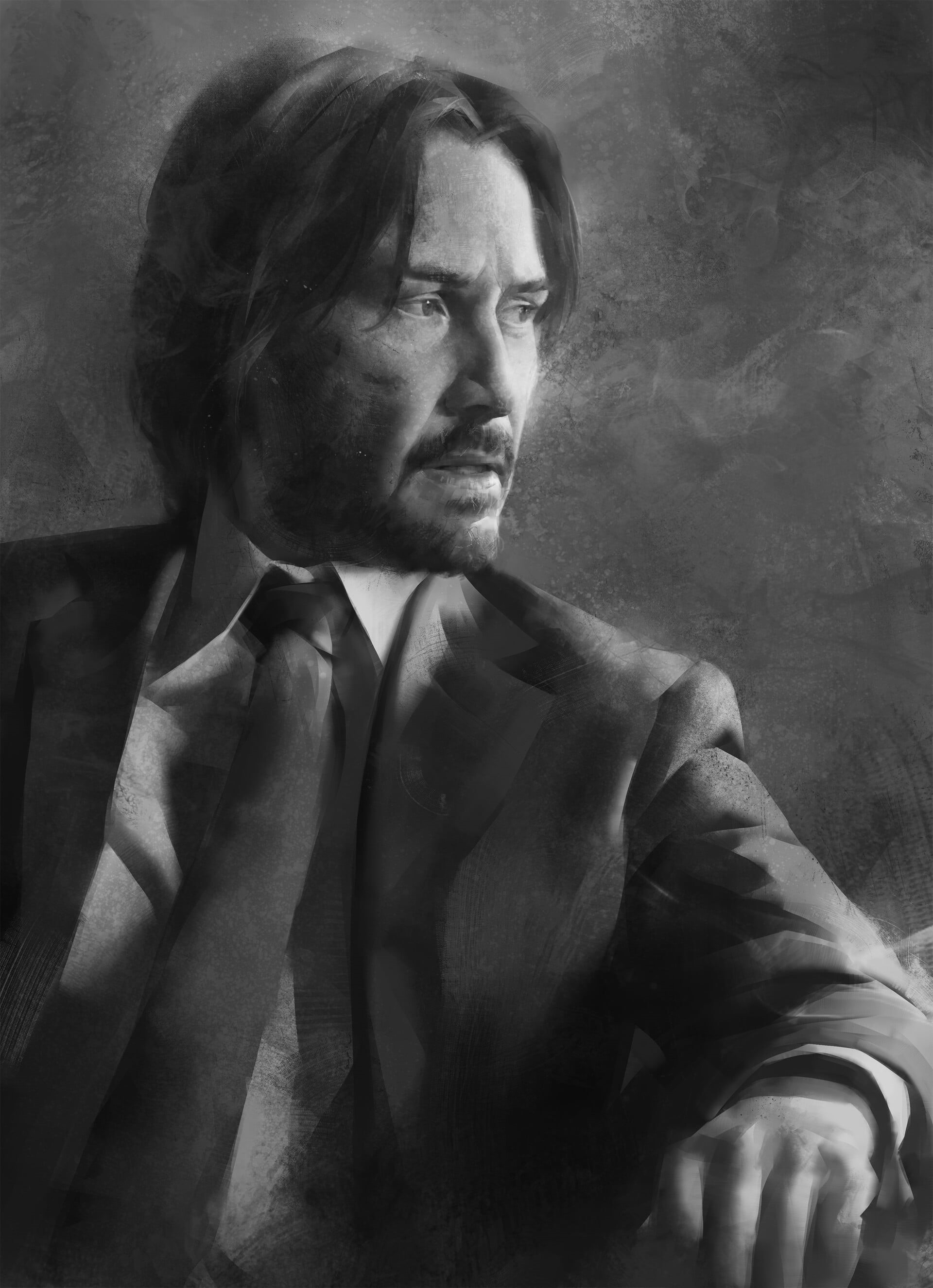 portrait display, fan art, men, digital art, Looking at the side, celebrity, 2K, Keanu Reeves, actor, John Wick Chapter 2, digital painting, artwork, ArtStation, Phone HD Wallpaper