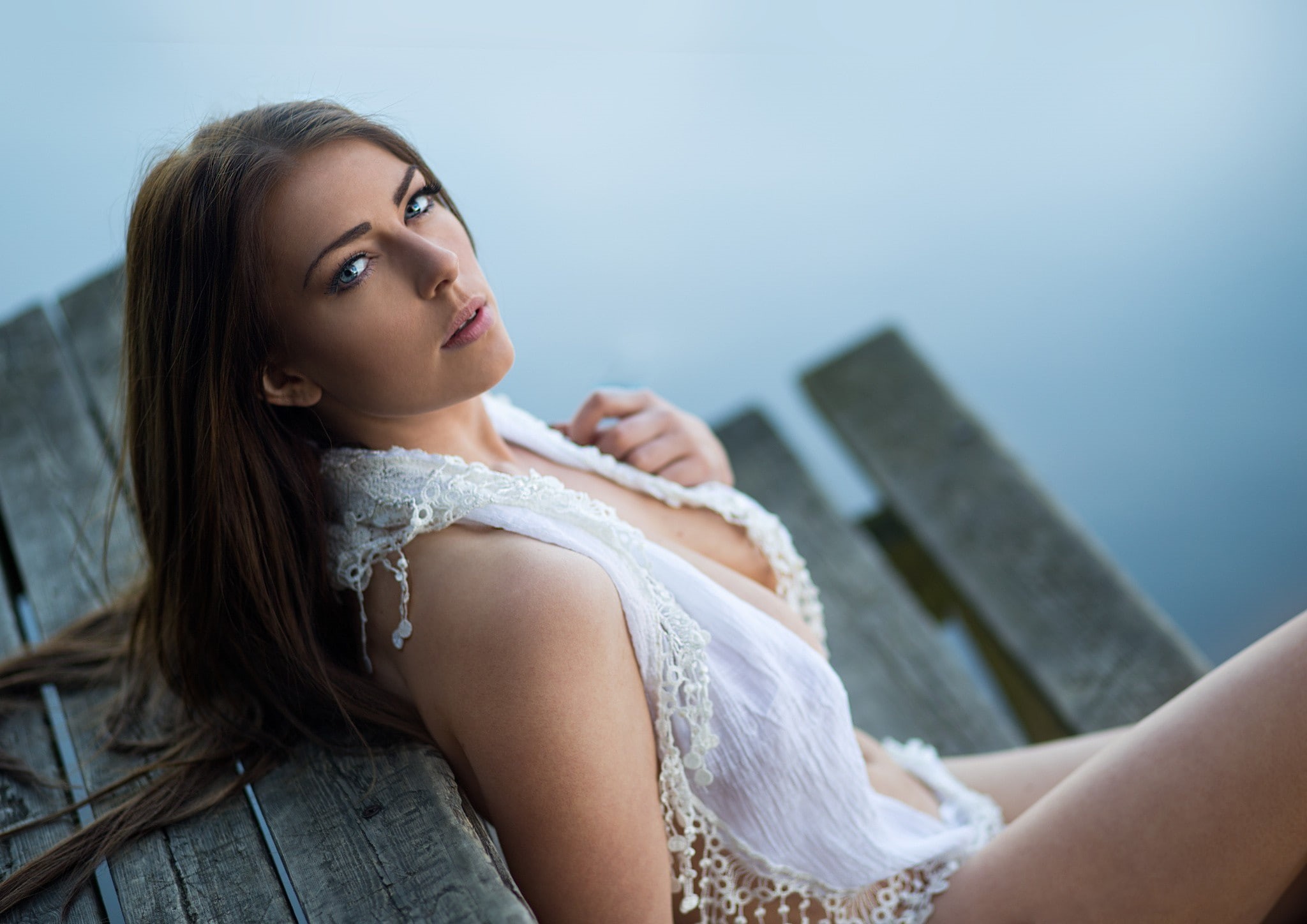 1080P, relaxation, beautiful woman, adult, hair, fashion, beautiful people, looking, one person, young adult, long hair, pier, white clothing, blue eyes, HD Wallpaper