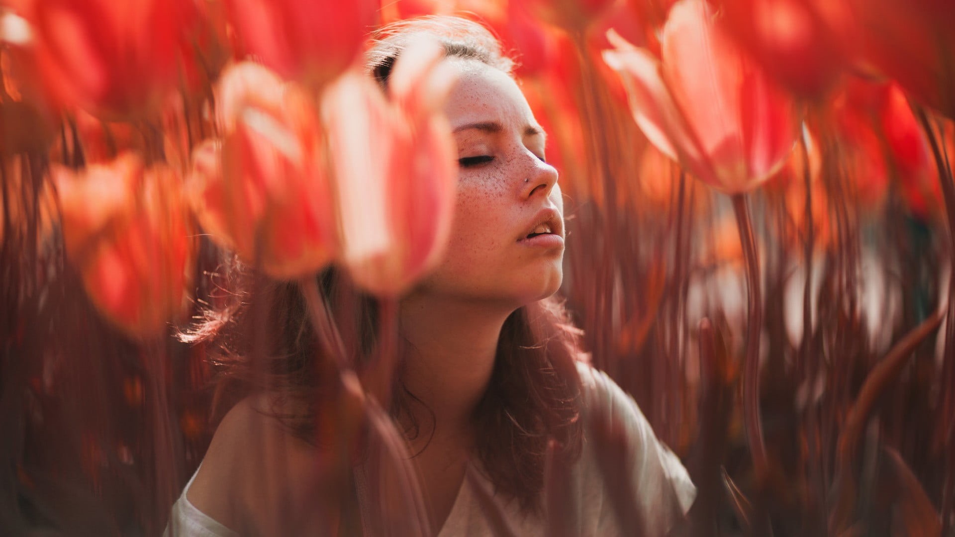 beauty, freckles, bare shoulders, portrait, brunette, redhead, hairstyle, flowers, closed eyes, adult, Skye Thompson, nature, white tops, face, women, one person, HD Wallpaper