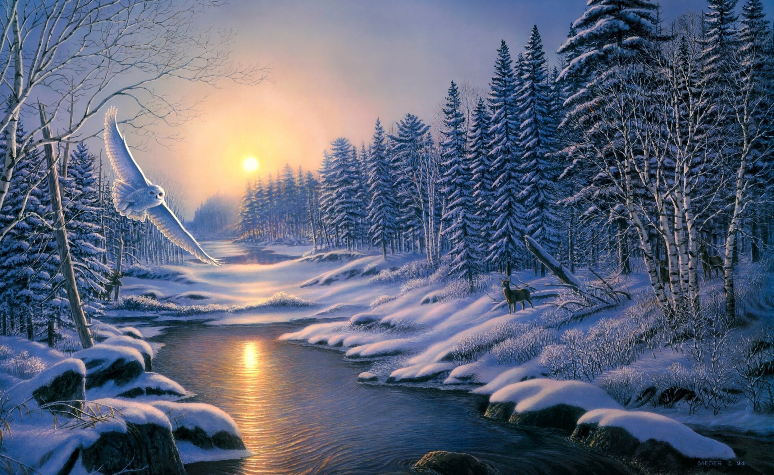 2K, covered, owl, tranquility, Painting, sunlight, sunset, illustration, Meger, ice, scenics - nature, coniferous tree, James, nature, snow, sun, woodland, HD Wallpaper