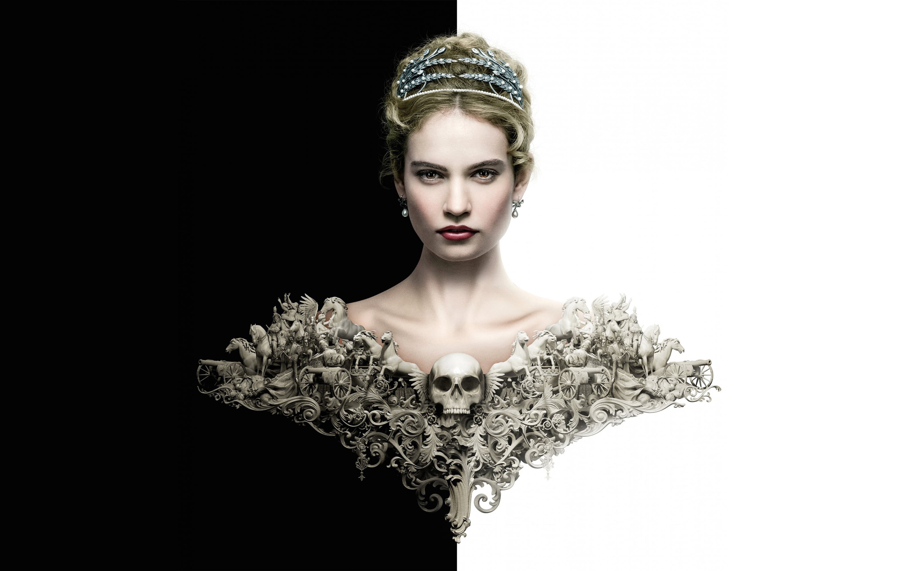 portrait, black background, indoors, beauty, studio shot, black and white, background, clothing, one person, natasha, Lily James, royalty, young adult, HD Wallpaper