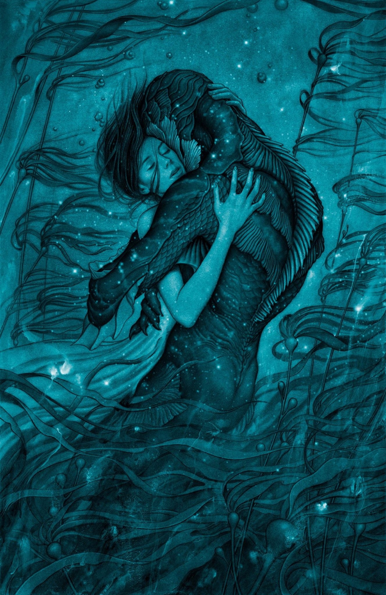 Elisa Esposito, Open Mouth, underwater, artwork, Movie Poster, Closed Eyes, The Shape of Water, White Dress, Hugging, algae, bubbles, 1080P, creature, Phone HD Wallpaper