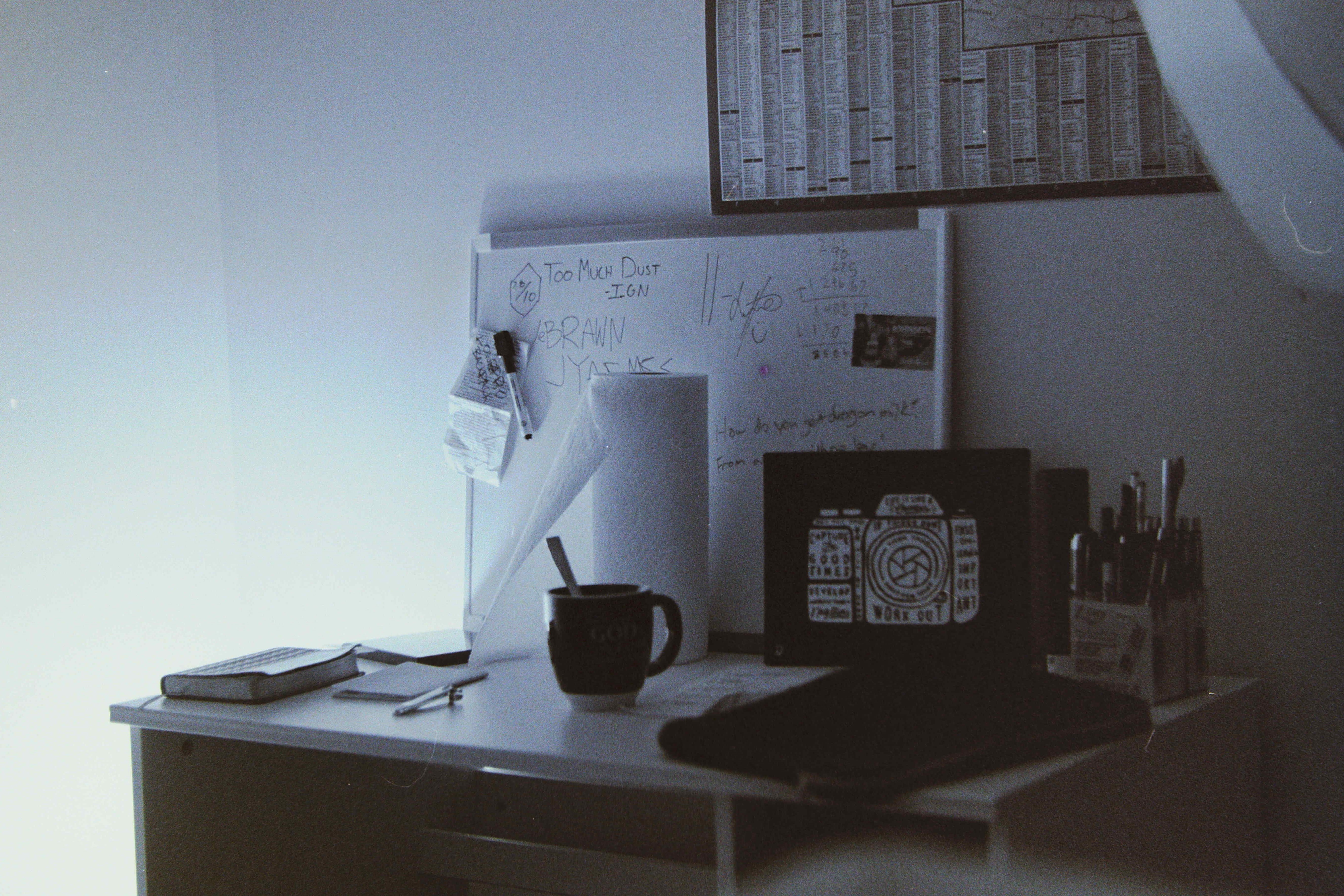 white board, messy desk, wall - building feature, photo, container, home interior, still life, table, bible, text, film, cup, life, domestic room, paper, HD Wallpaper