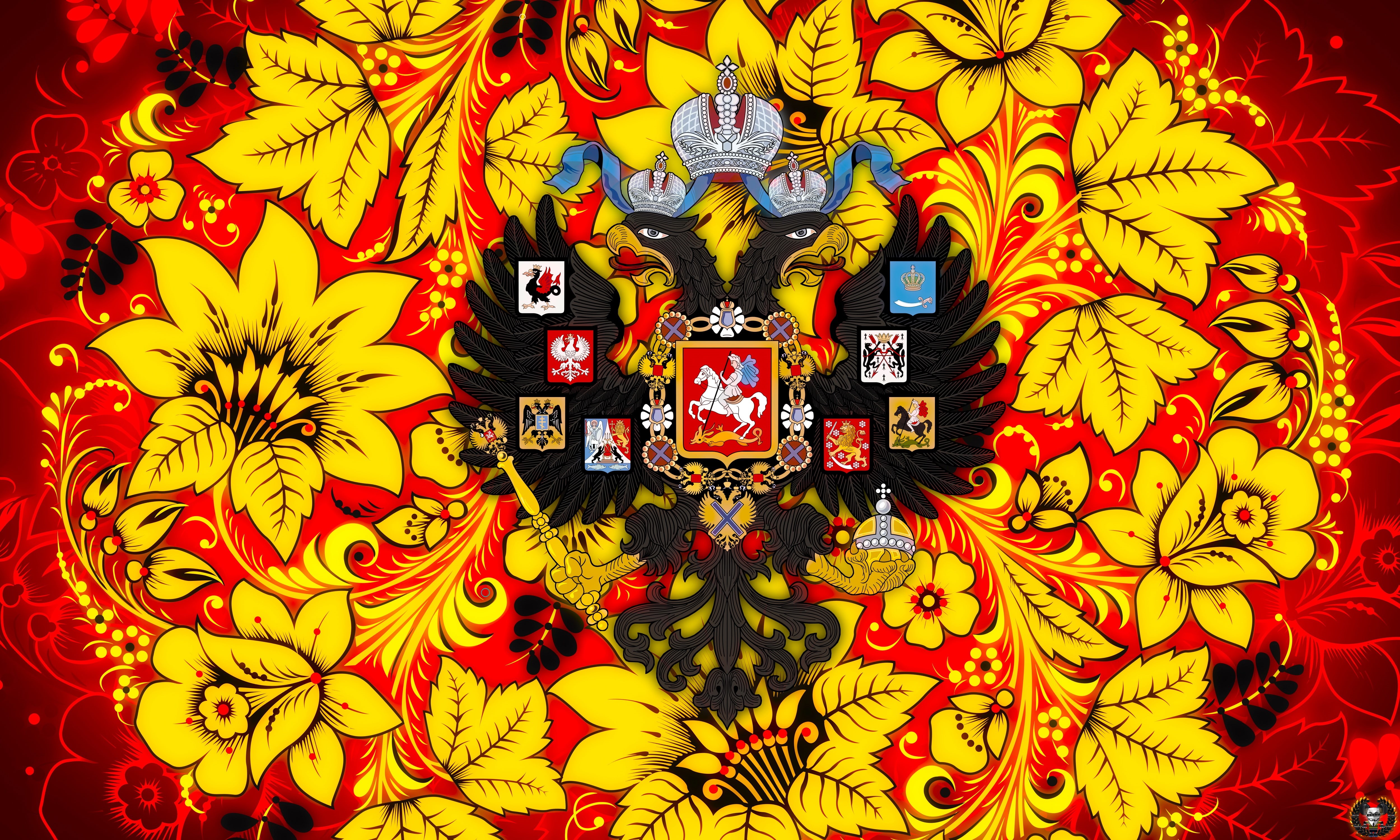 Double-headed eagle, Art, Painting, Ivan Ivanovich, Flowers, The coat of arms of the Russian Empire, Style, Russia, 4K, Khokhloma, Khokhloma painting, HD Wallpaper